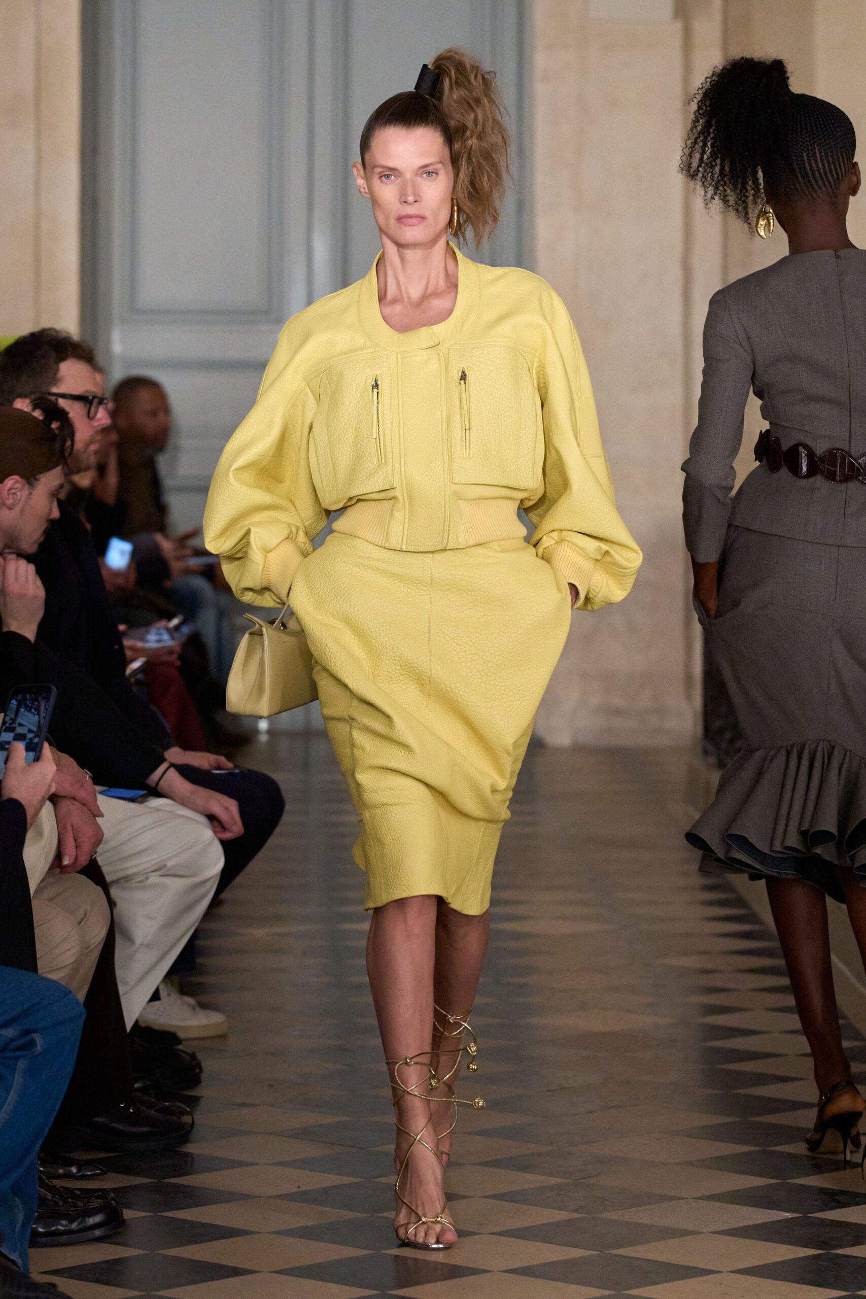 yellow leather long-sleeve collared fitted zippered pencil dress