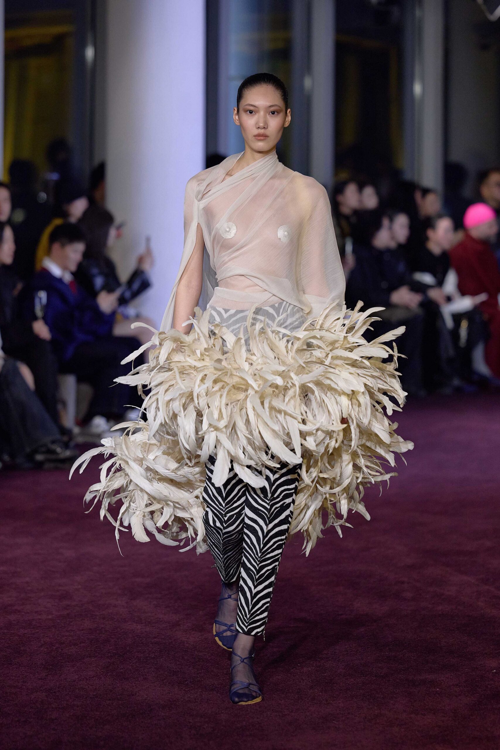 sheer top with feathered skirt