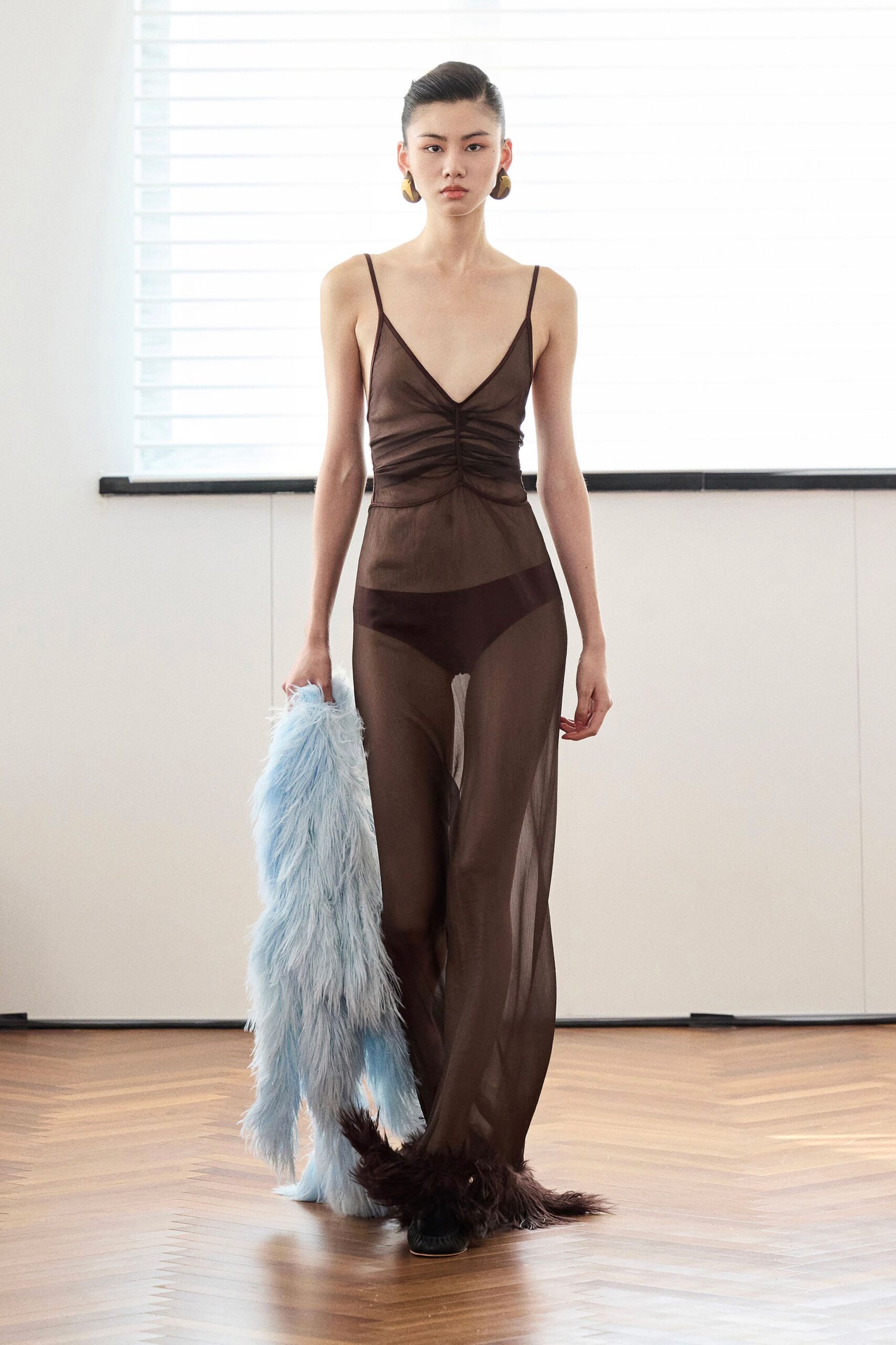 brown silk sleeveless v-neck fitted ruched sheer gown