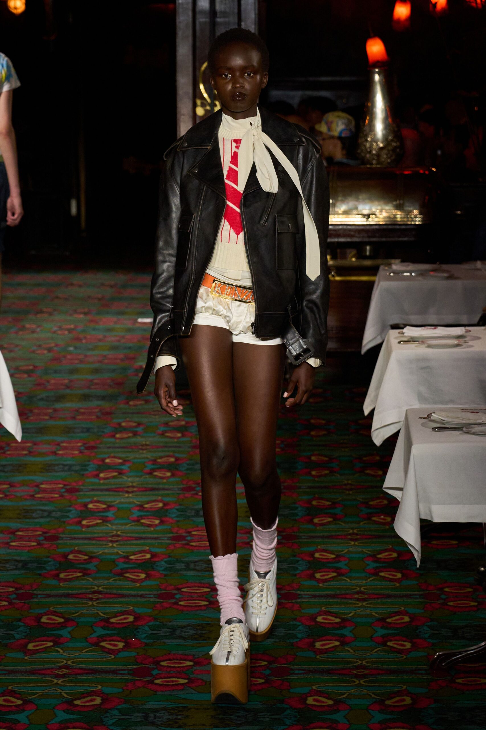 black leather jacket with multi shorts