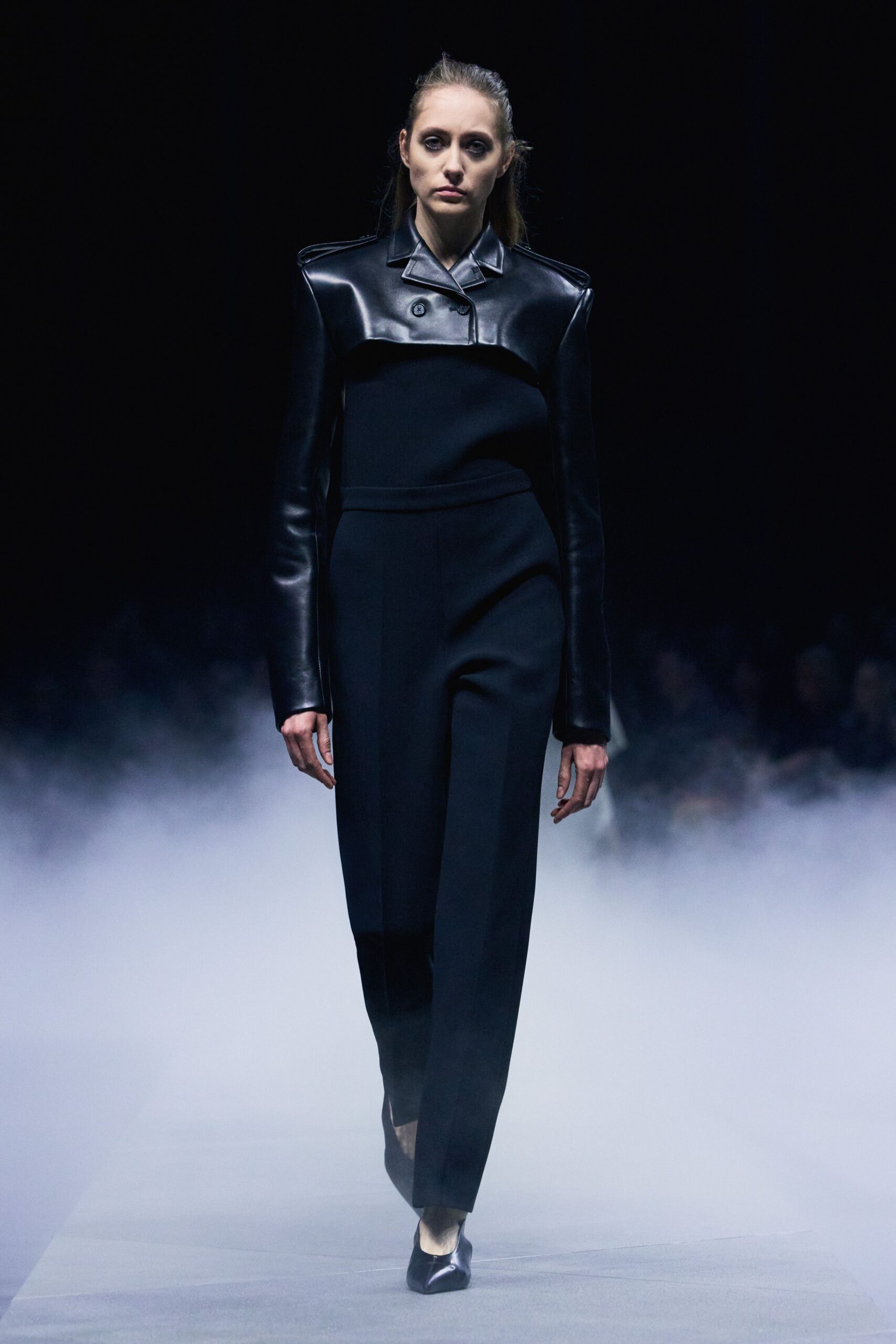 black leather long-sleeve collared fitted structured jumpsuit