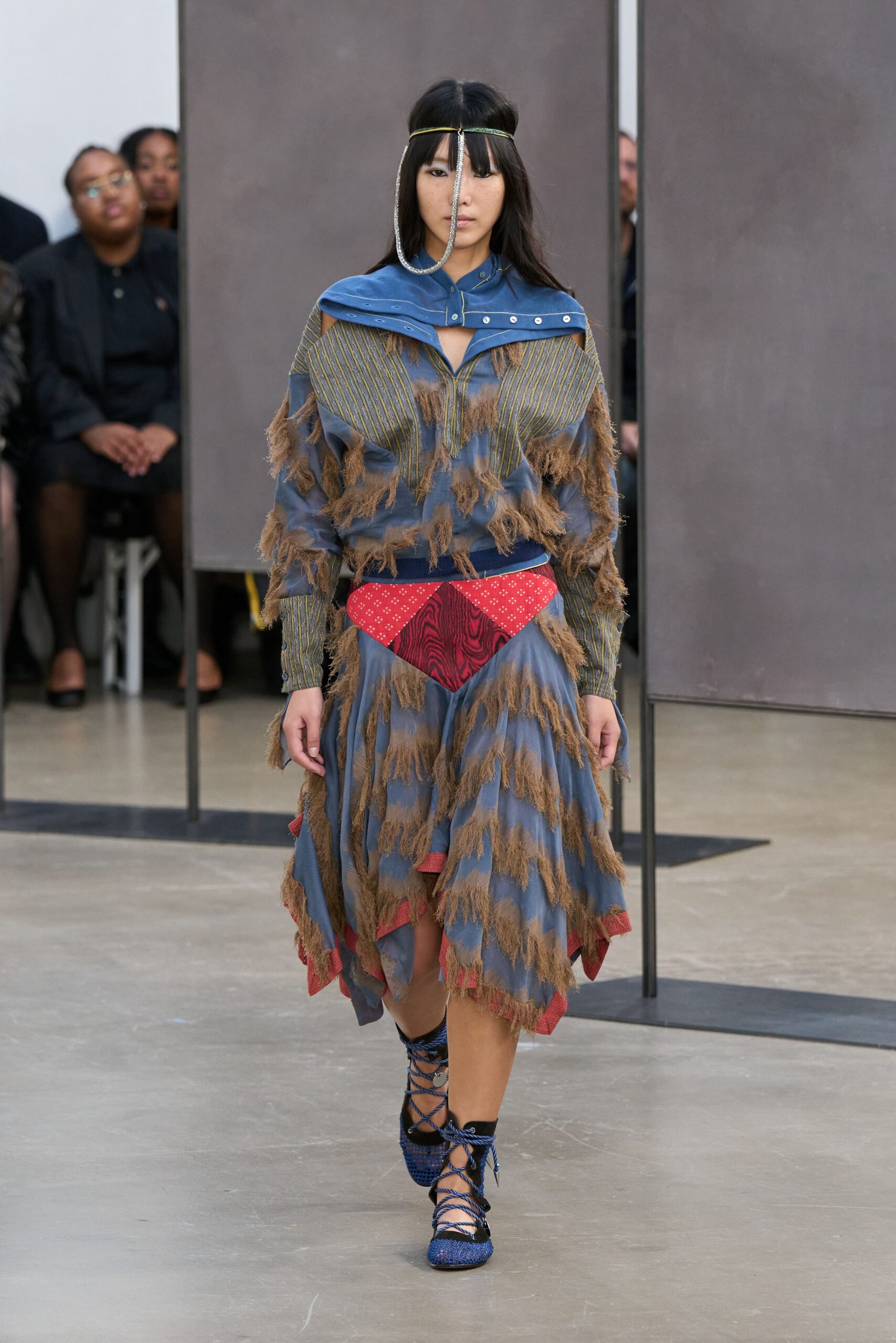 blue cotton long-sleeve collared relaxed fringed layered dress
