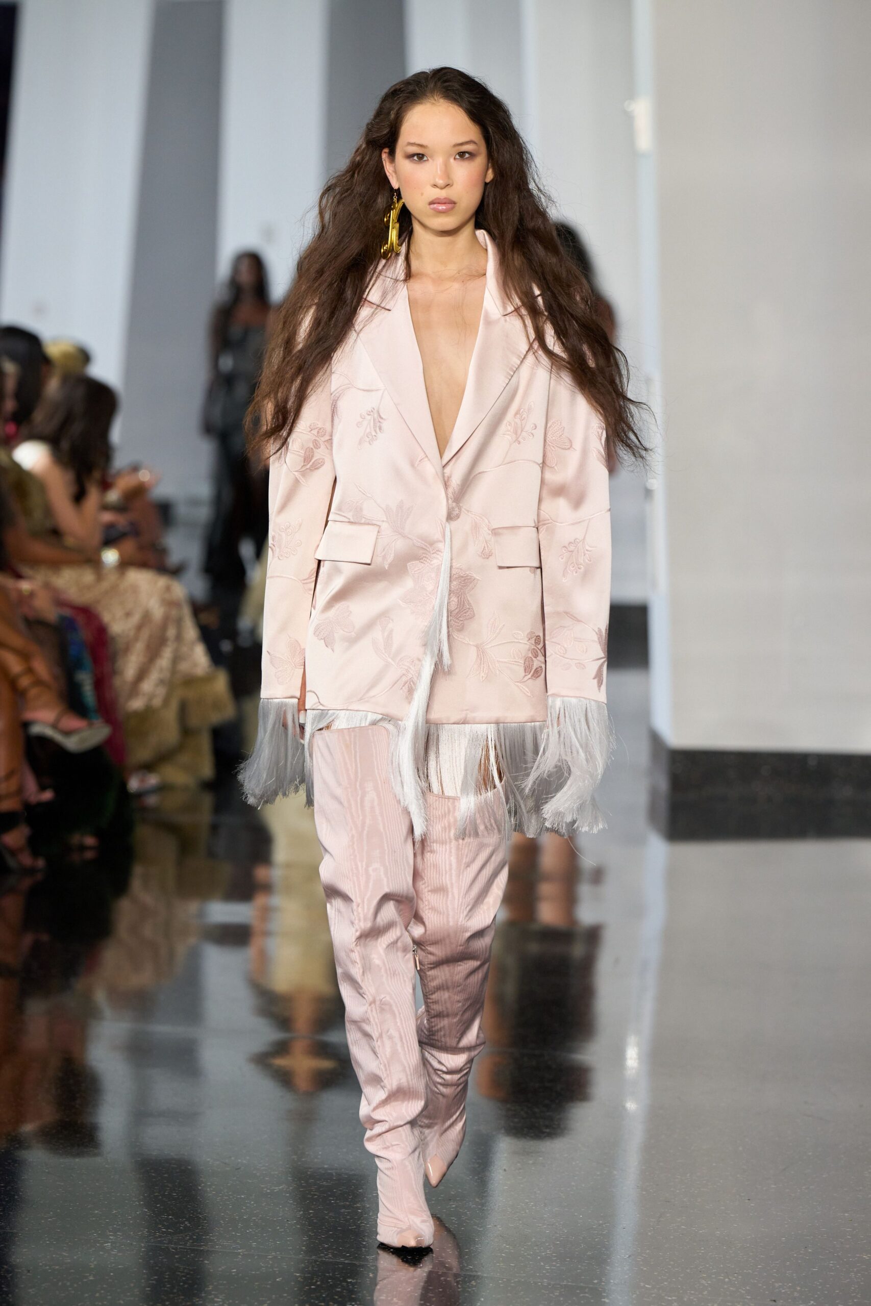 pink silk fitted straight-leg pants