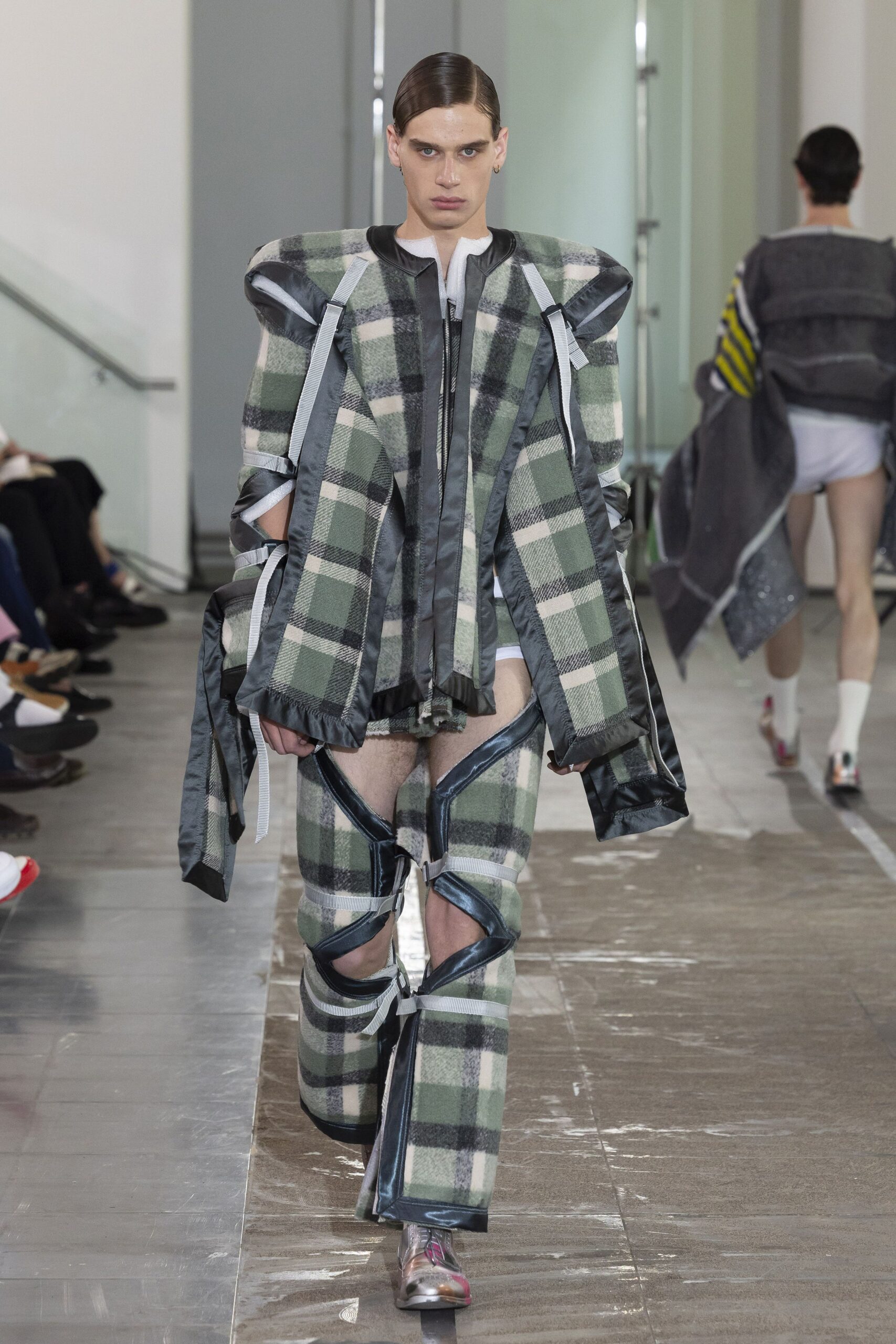 green cotton long-sleeve collared structured checked layered jacket