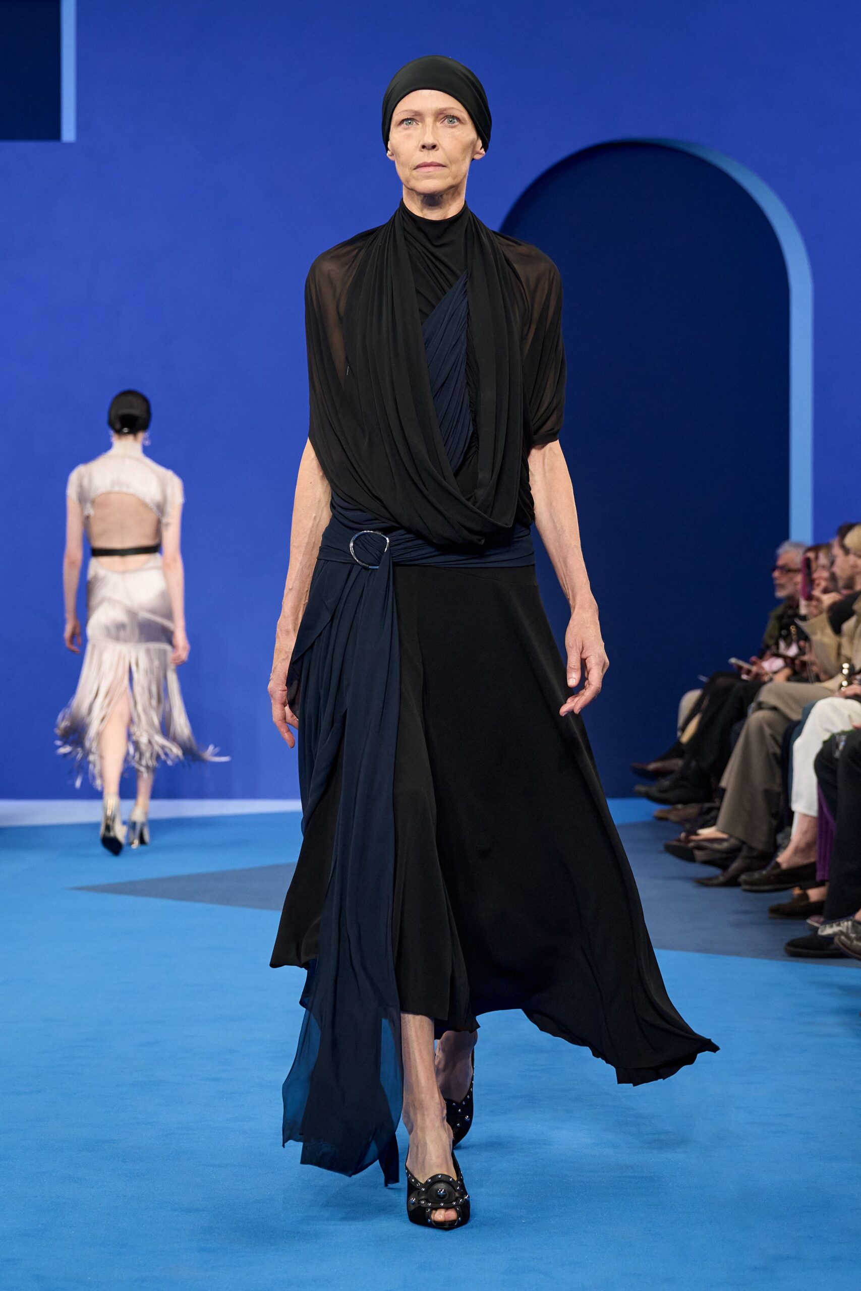 black and blue flowing maxi dress