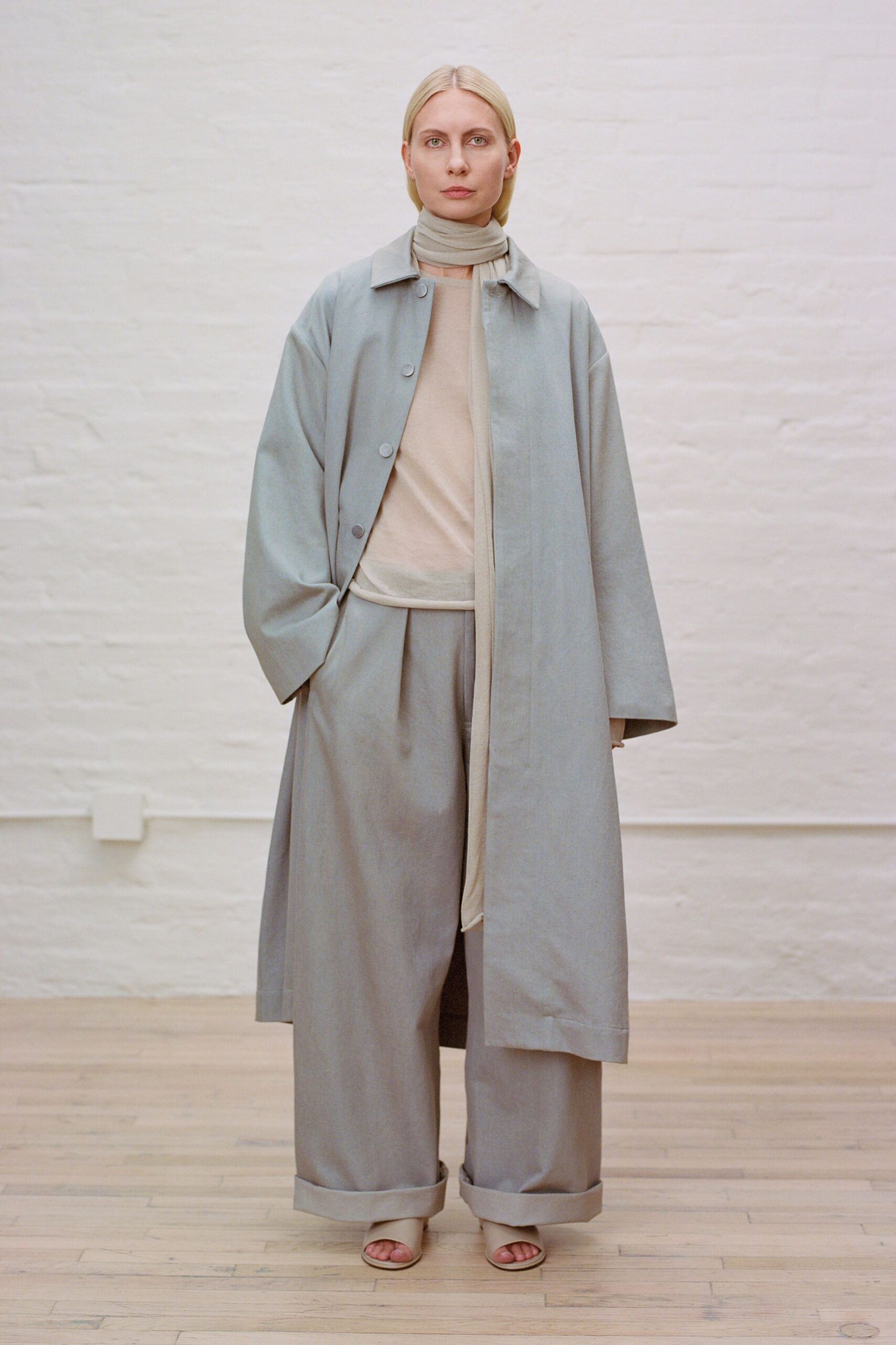 gray relaxed coat with beige top