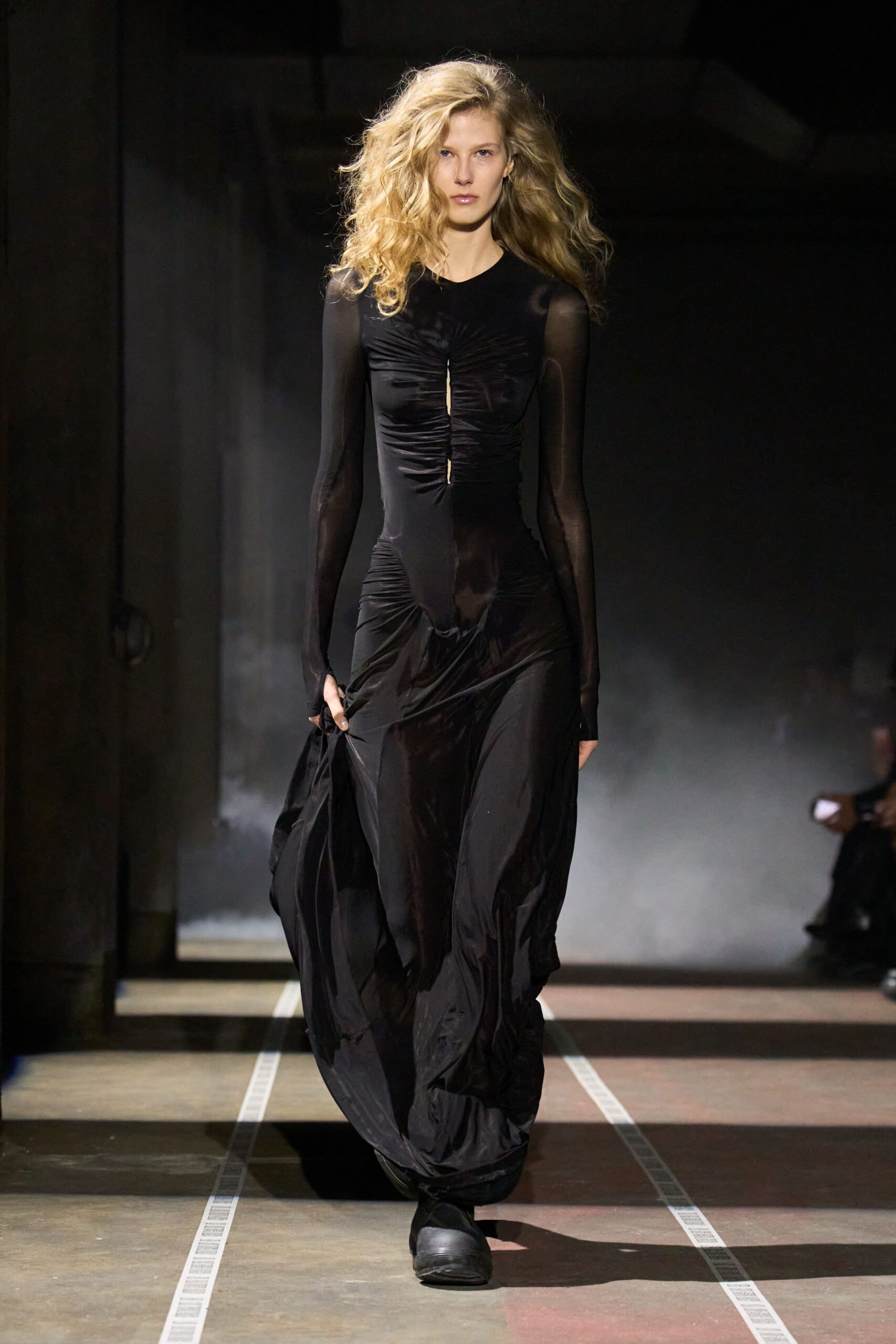 black silk fitted gown with boots
