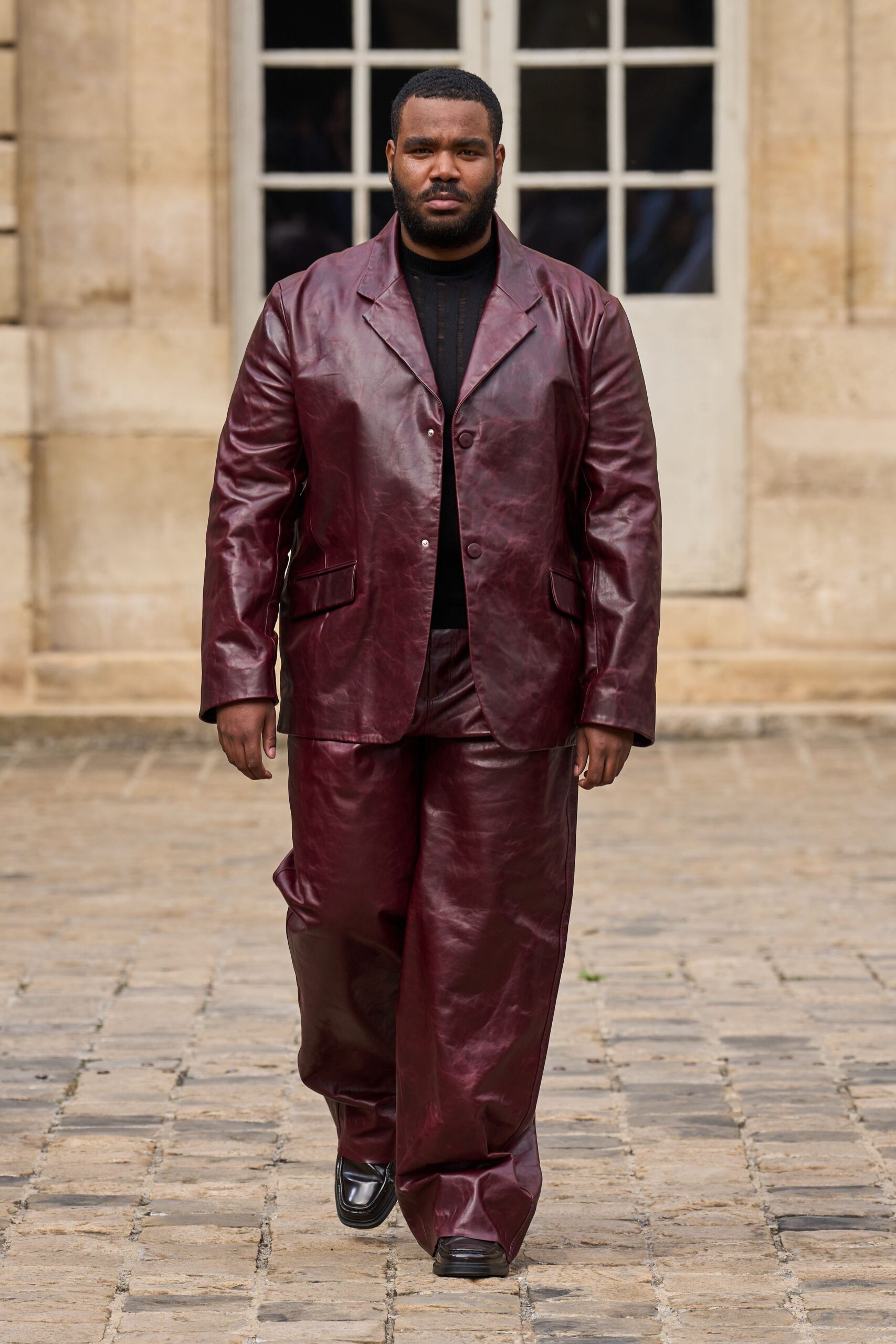 maroon leather relaxed suit