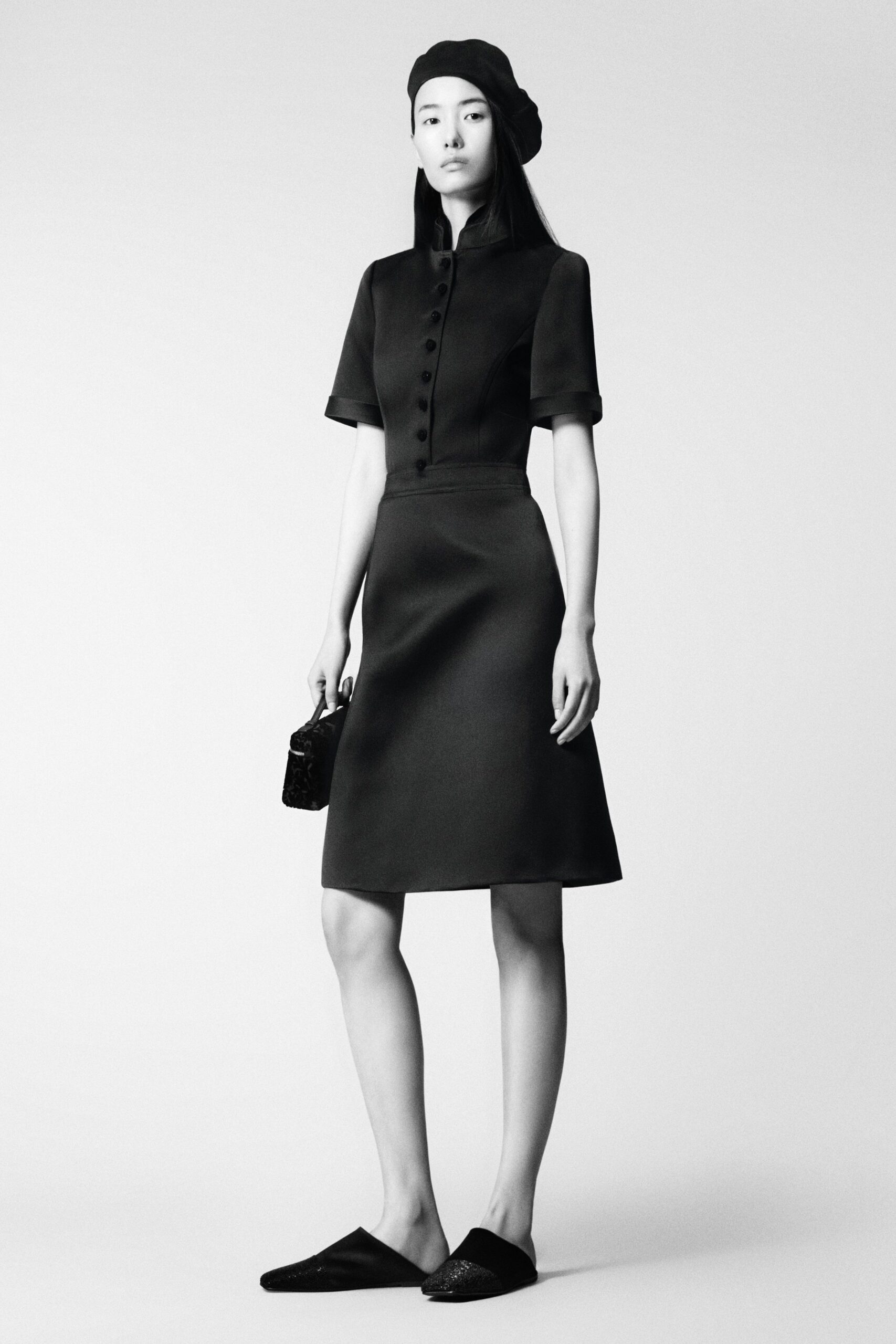 black silk short-sleeve collared fitted a-line buttoned dress