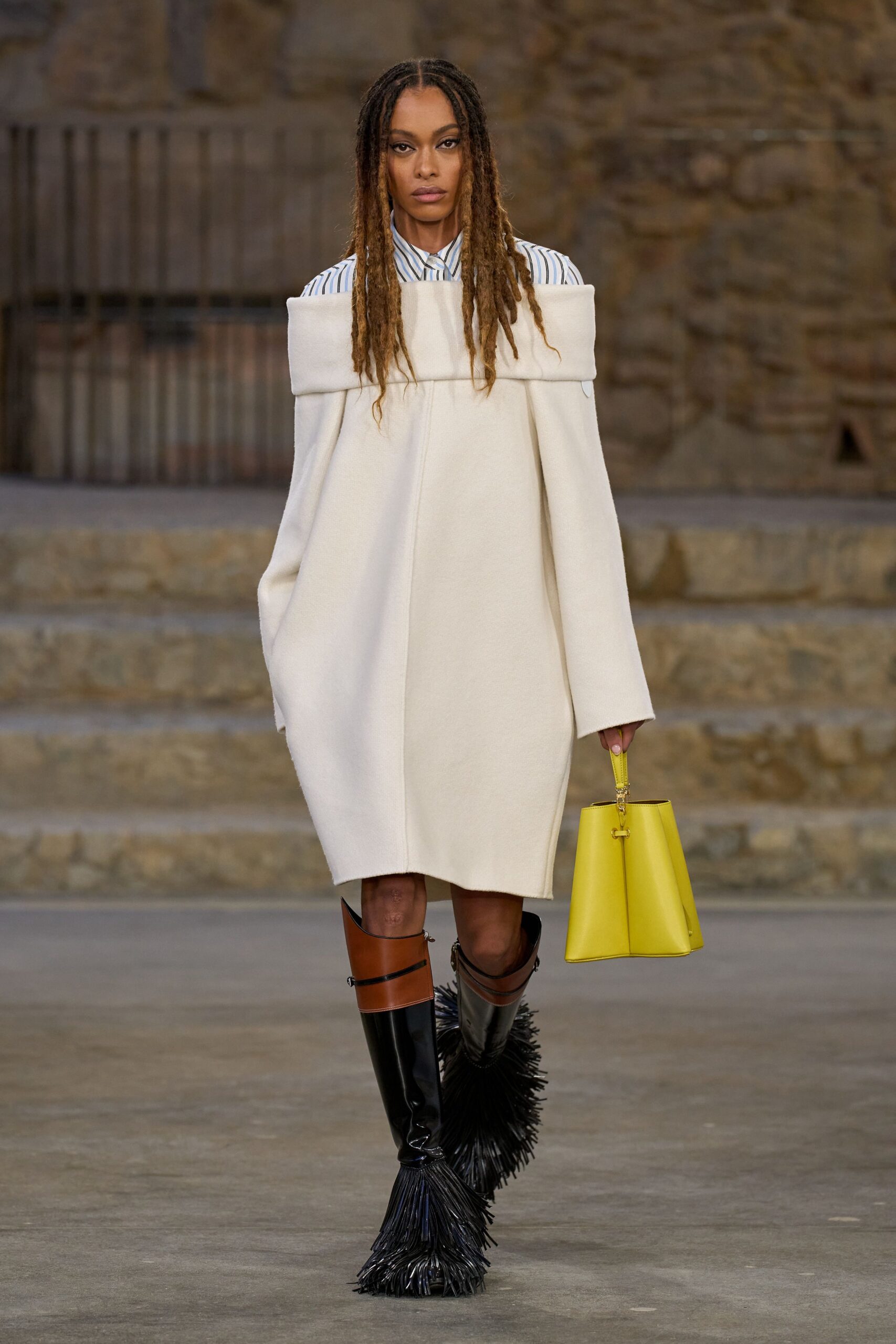 white wool long-sleeve off-shoulder relaxed structured midi dress