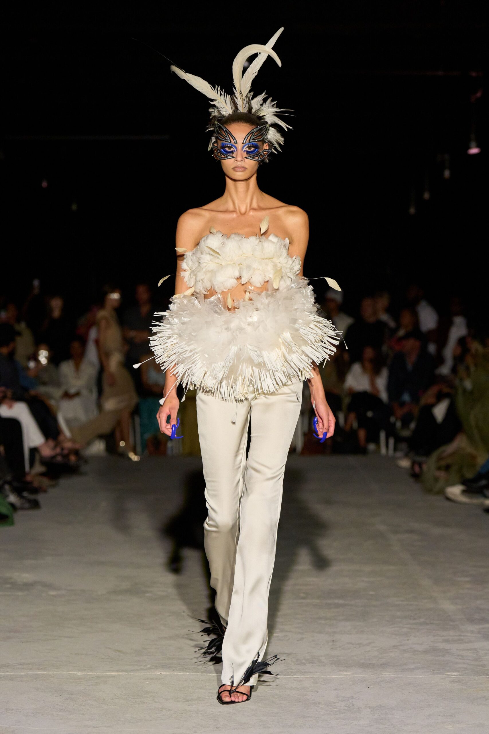 white feather sleeveless strapless fitted ruffled top