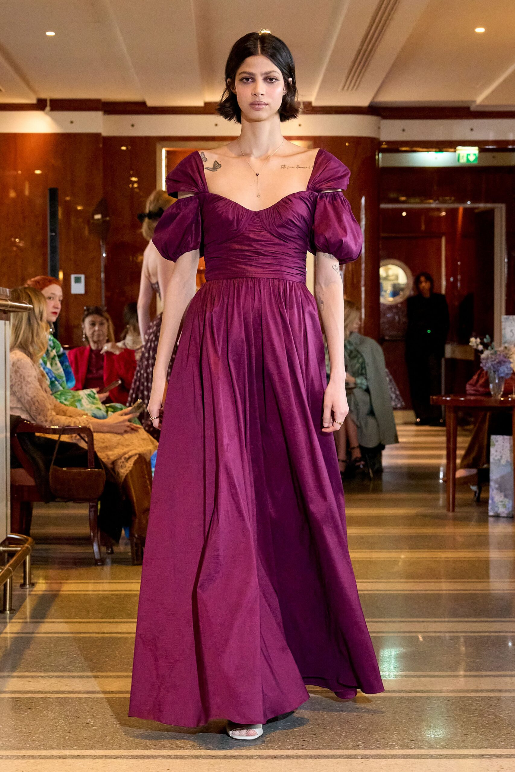 purple silk short-sleeve v-neck fitted ruched maxi gown