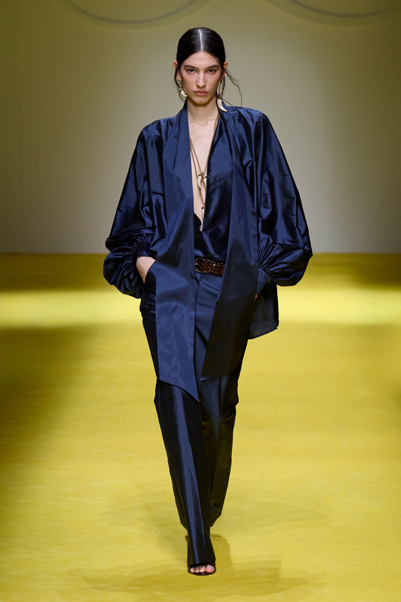 blue satin blazer with tailored pants