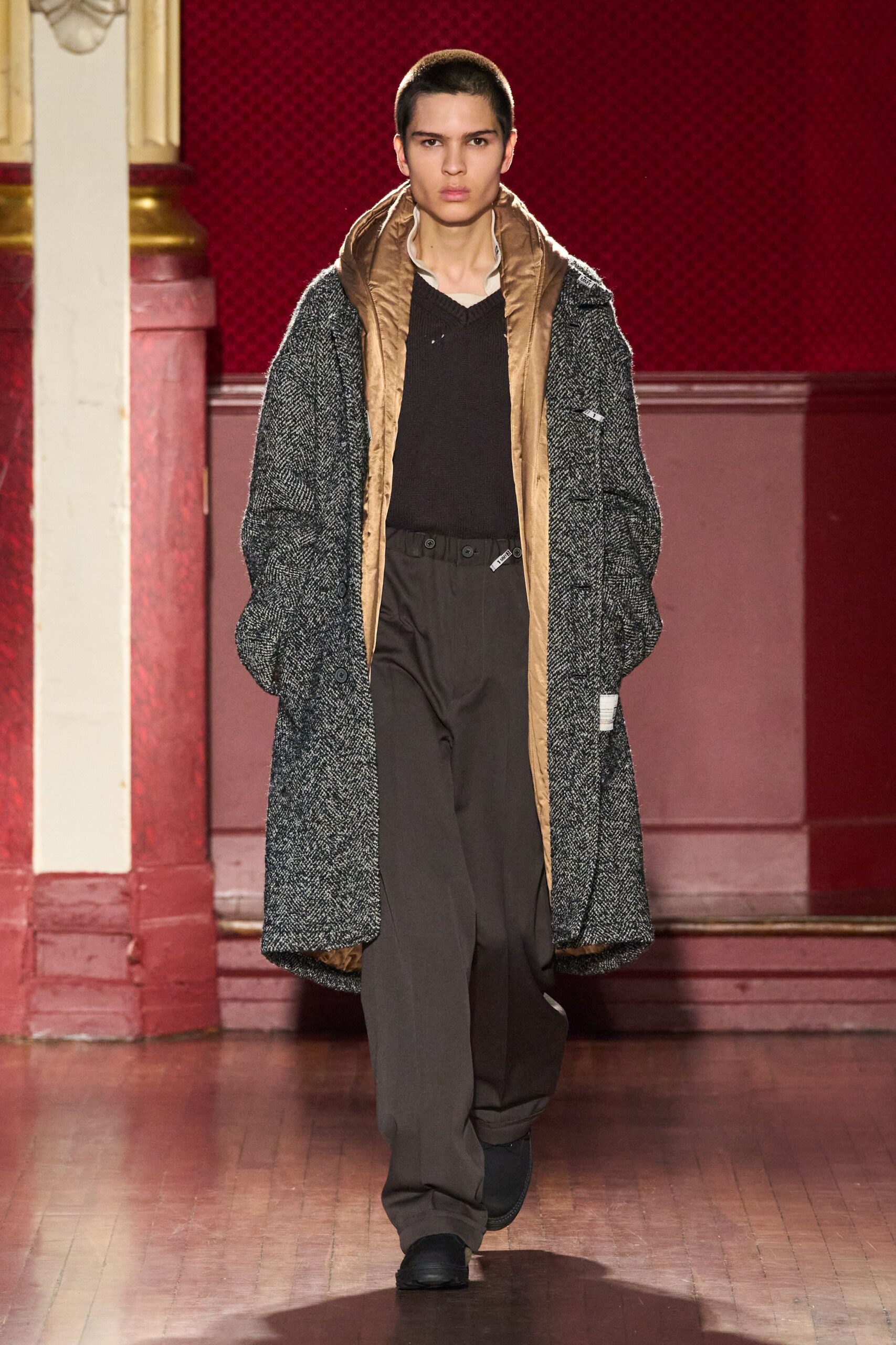 gray wool coat with black top