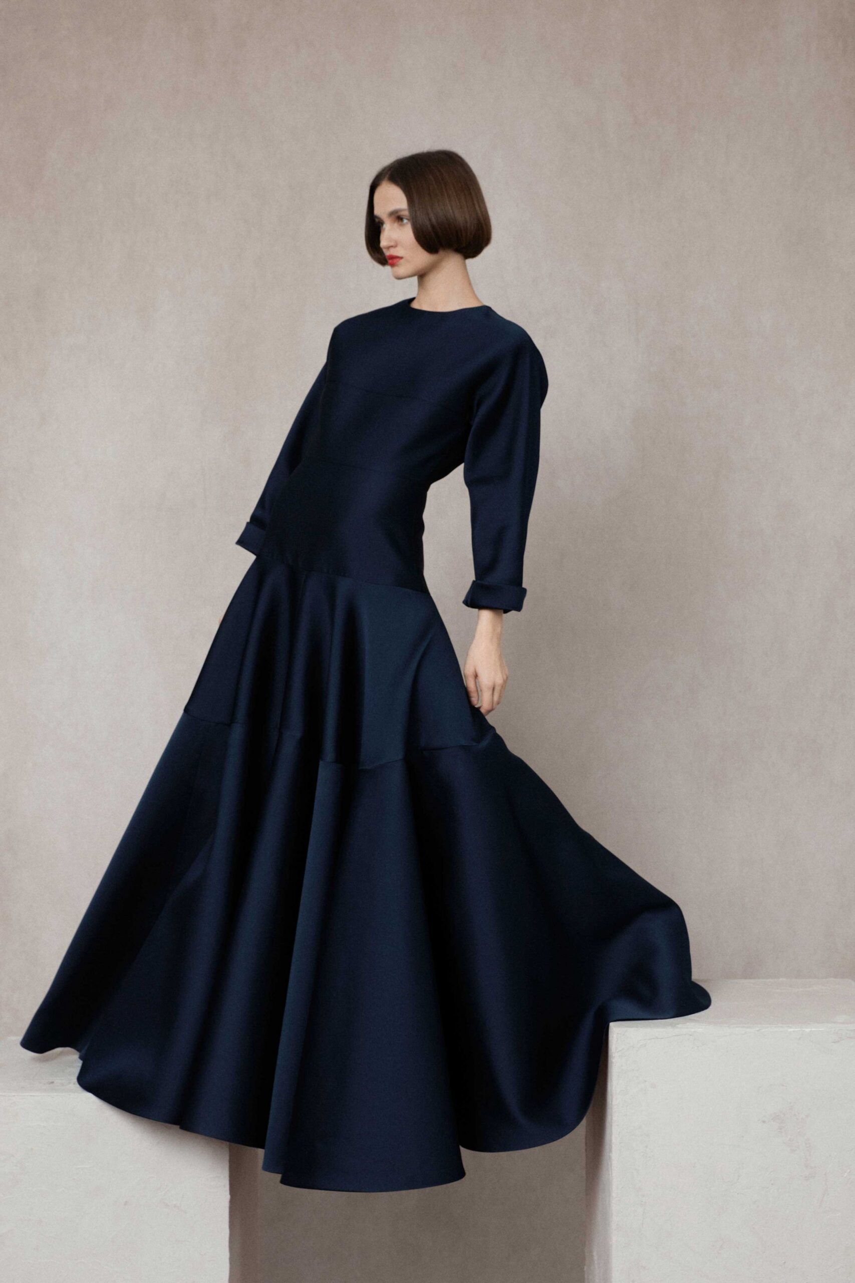 navy silk long-sleeve gown