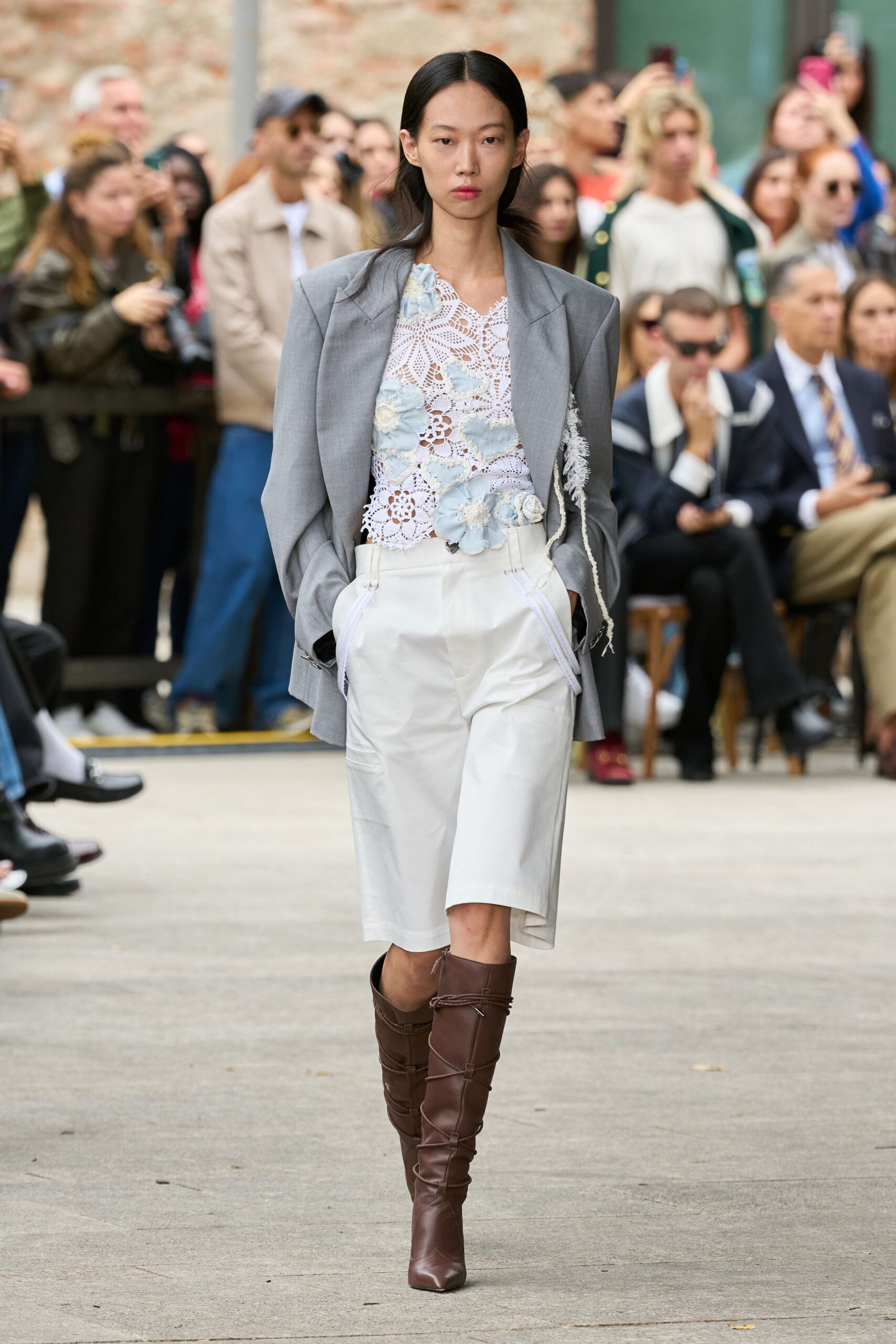 gray blazer white top brown boots