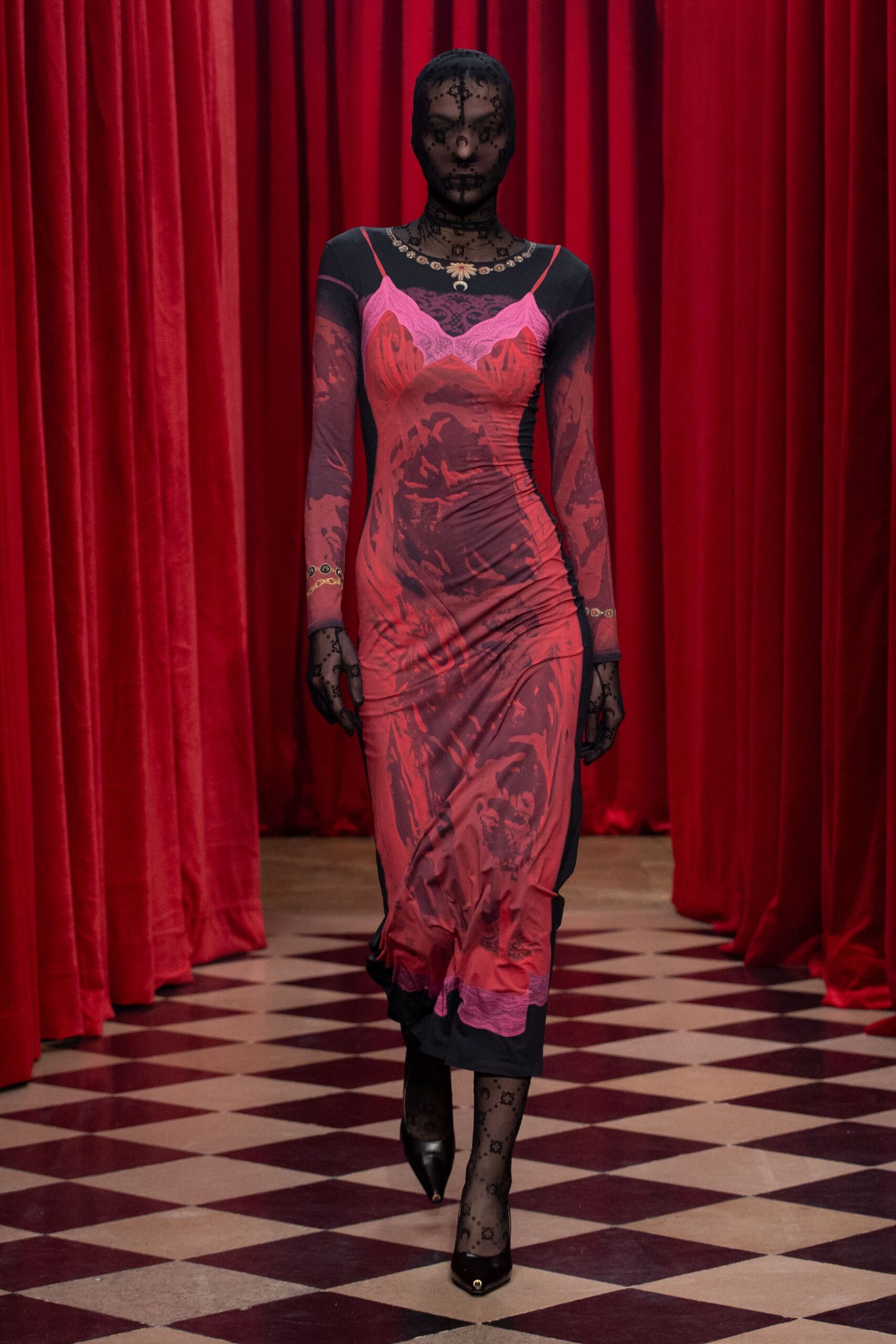 fitted red and black printed dress