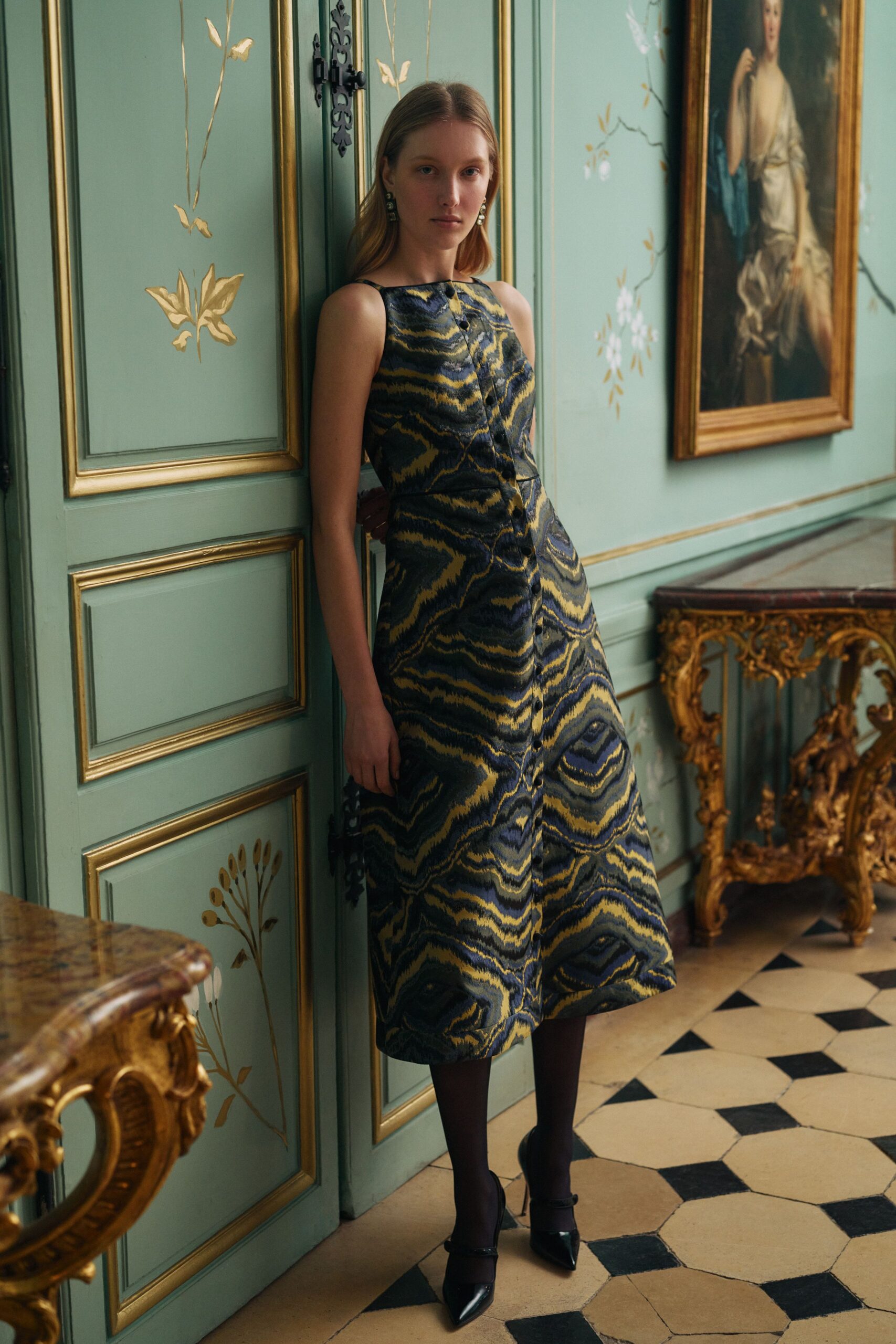 blue silk sleeveless v-neck fitted printed a-line dress
