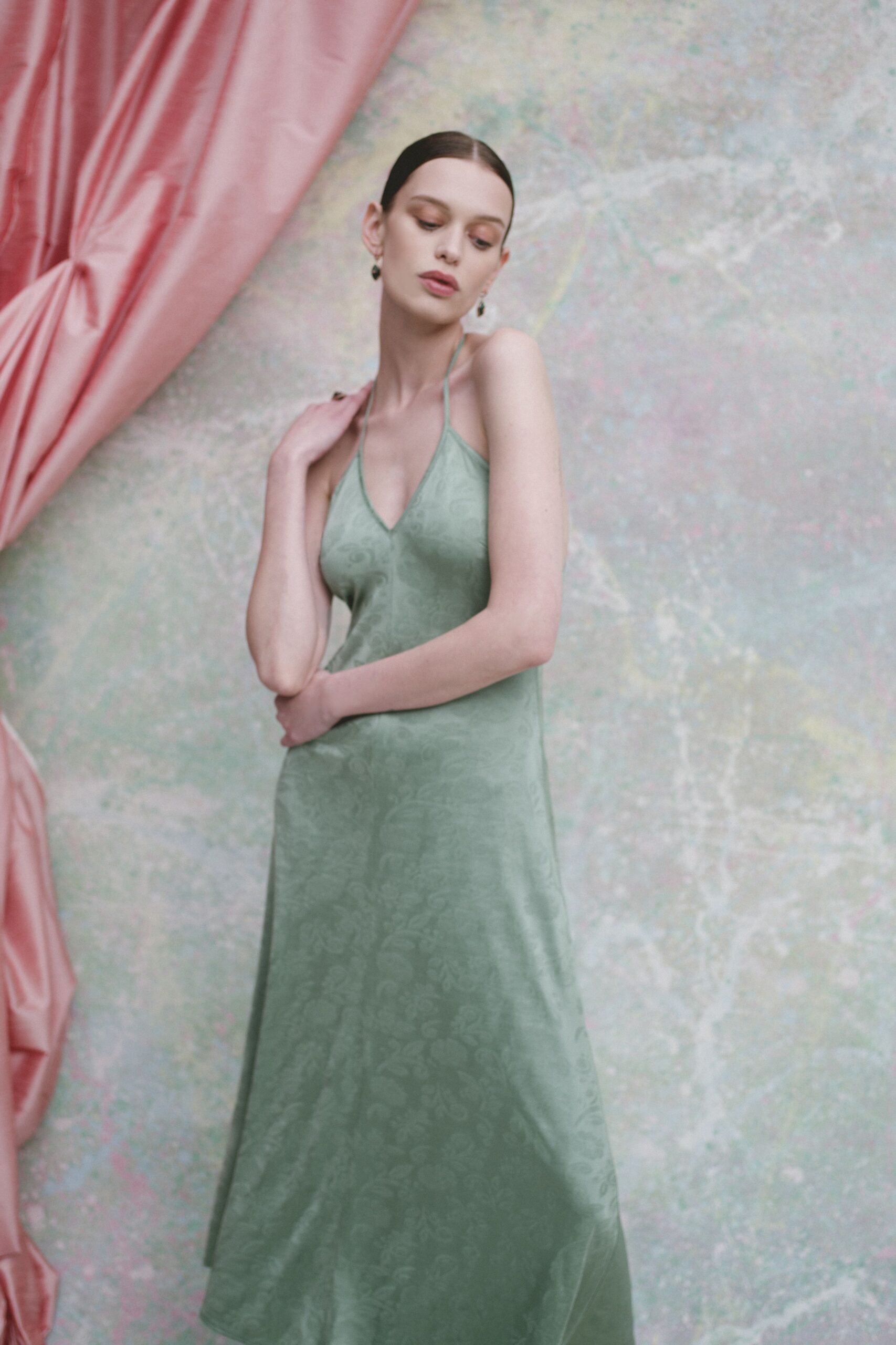 green silk sleeveless dress