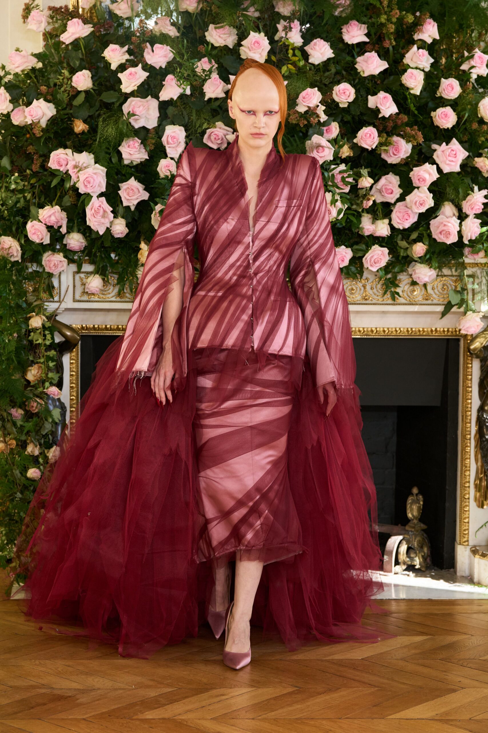 pink tulle long-sleeve v-neck fitted layered pleated dress