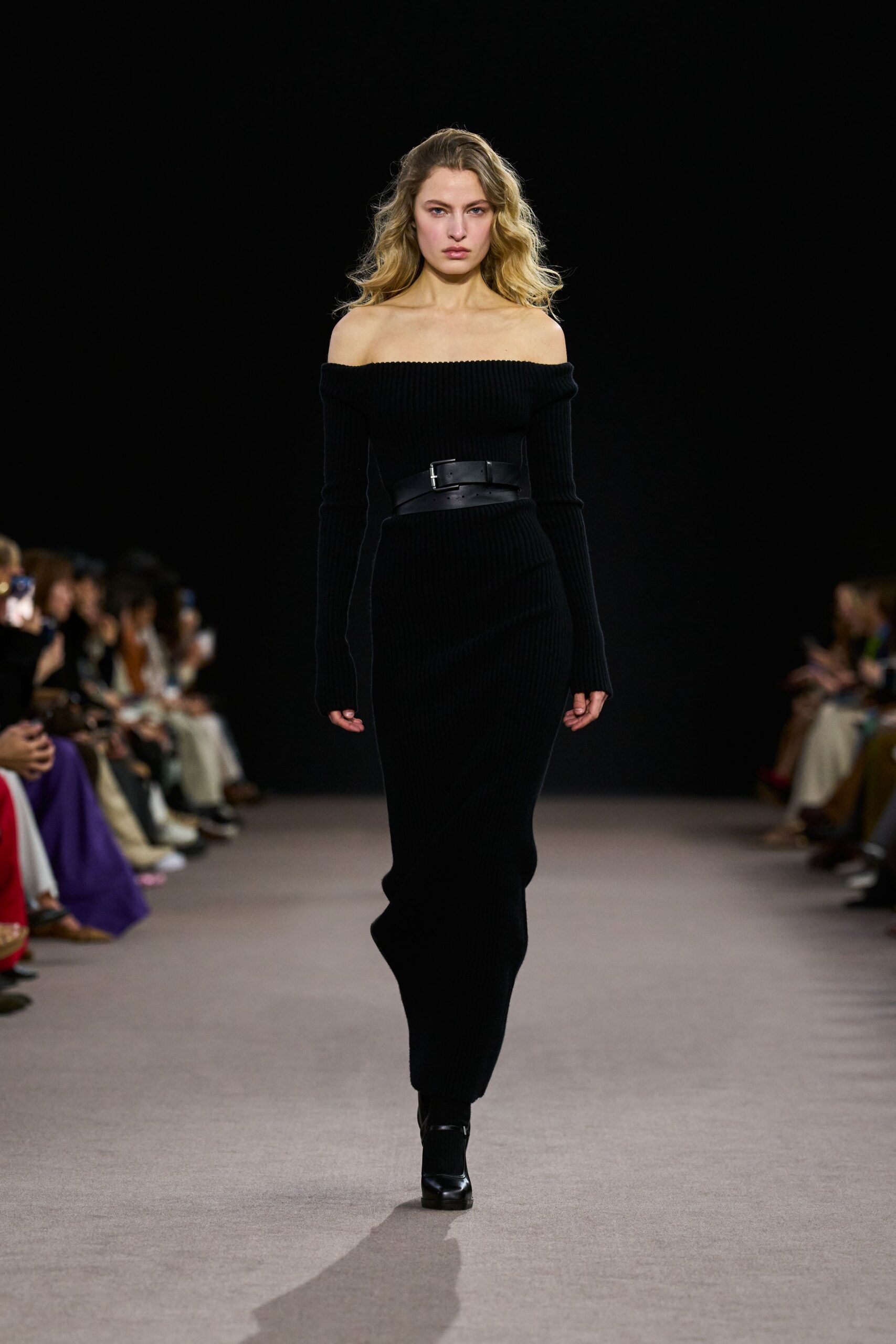 black knit long-sleeve off-shoulder fitted ribbed belted dress