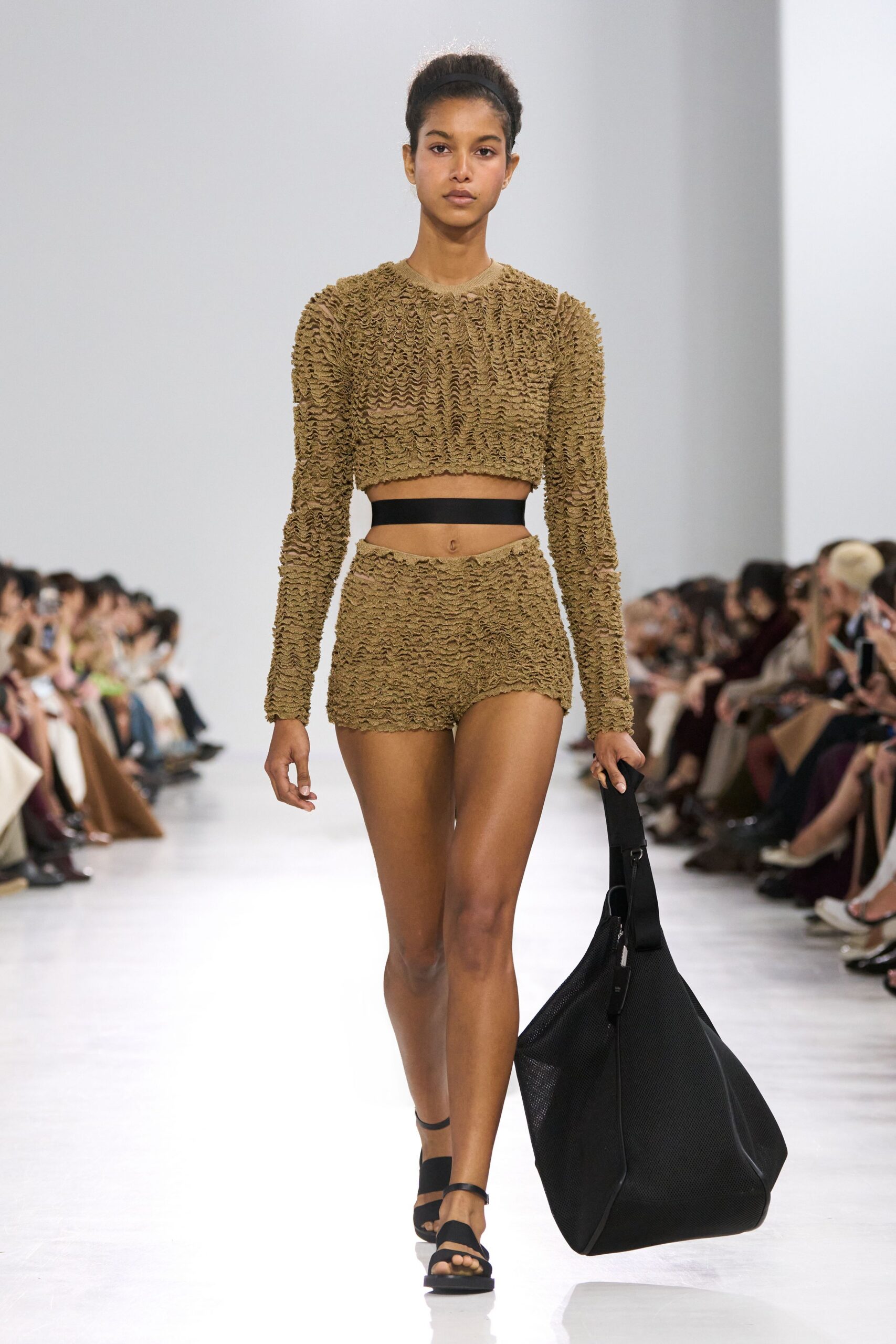 brown cotton long-sleeve fitted textured cropped top