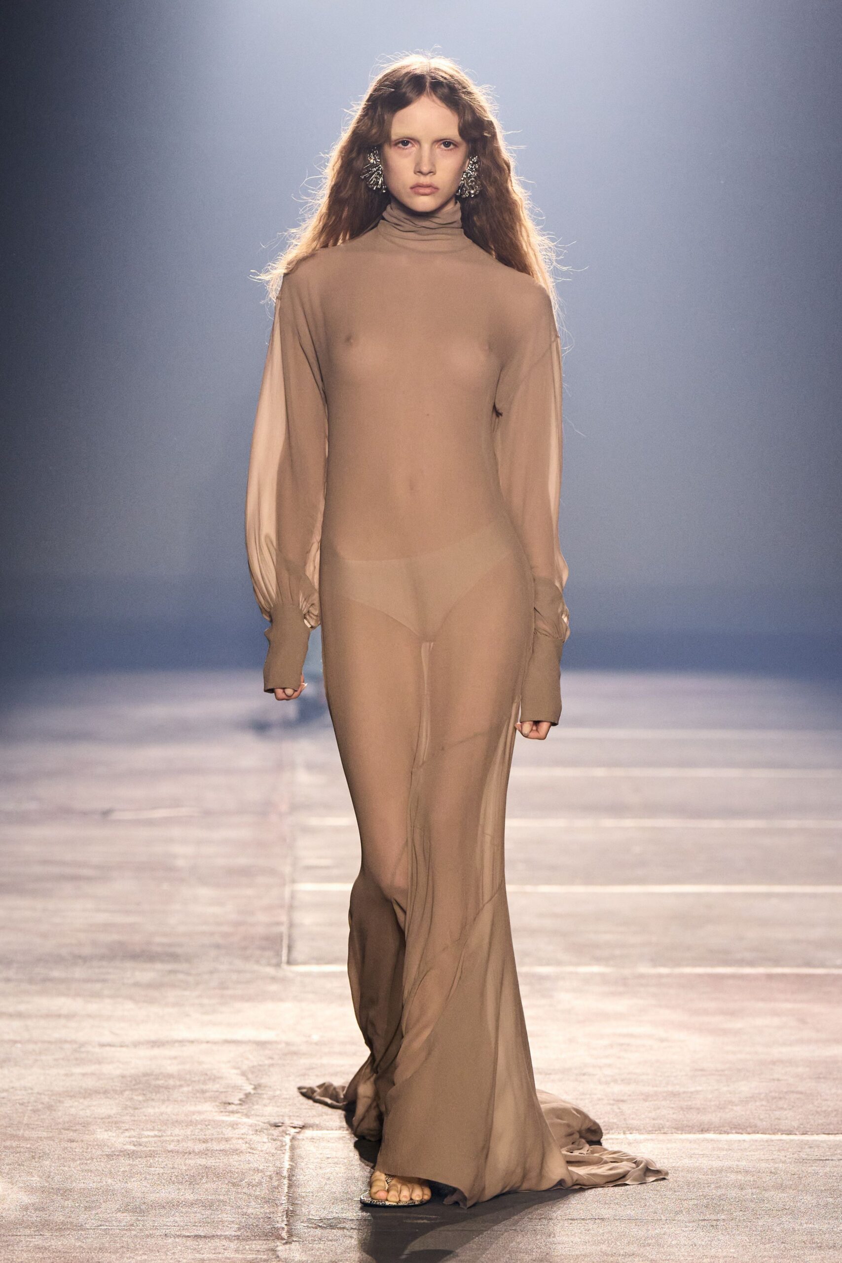beige chiffon long-sleeve high-neck fitted draped gown