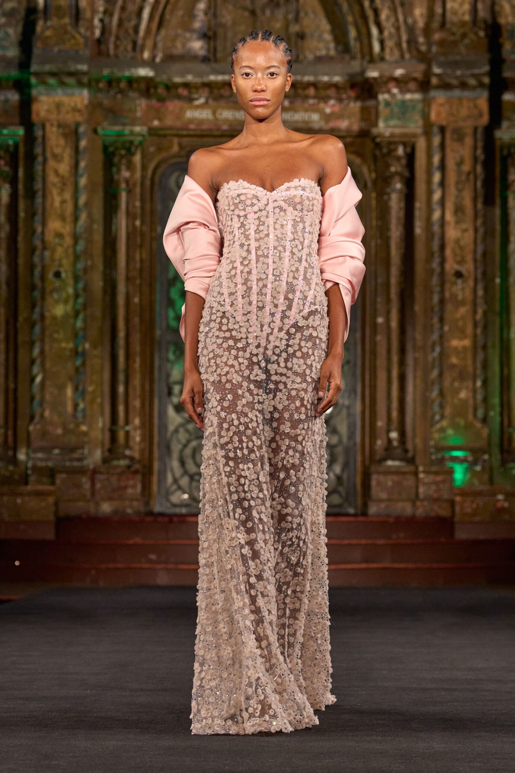 pink embellished strapless gown