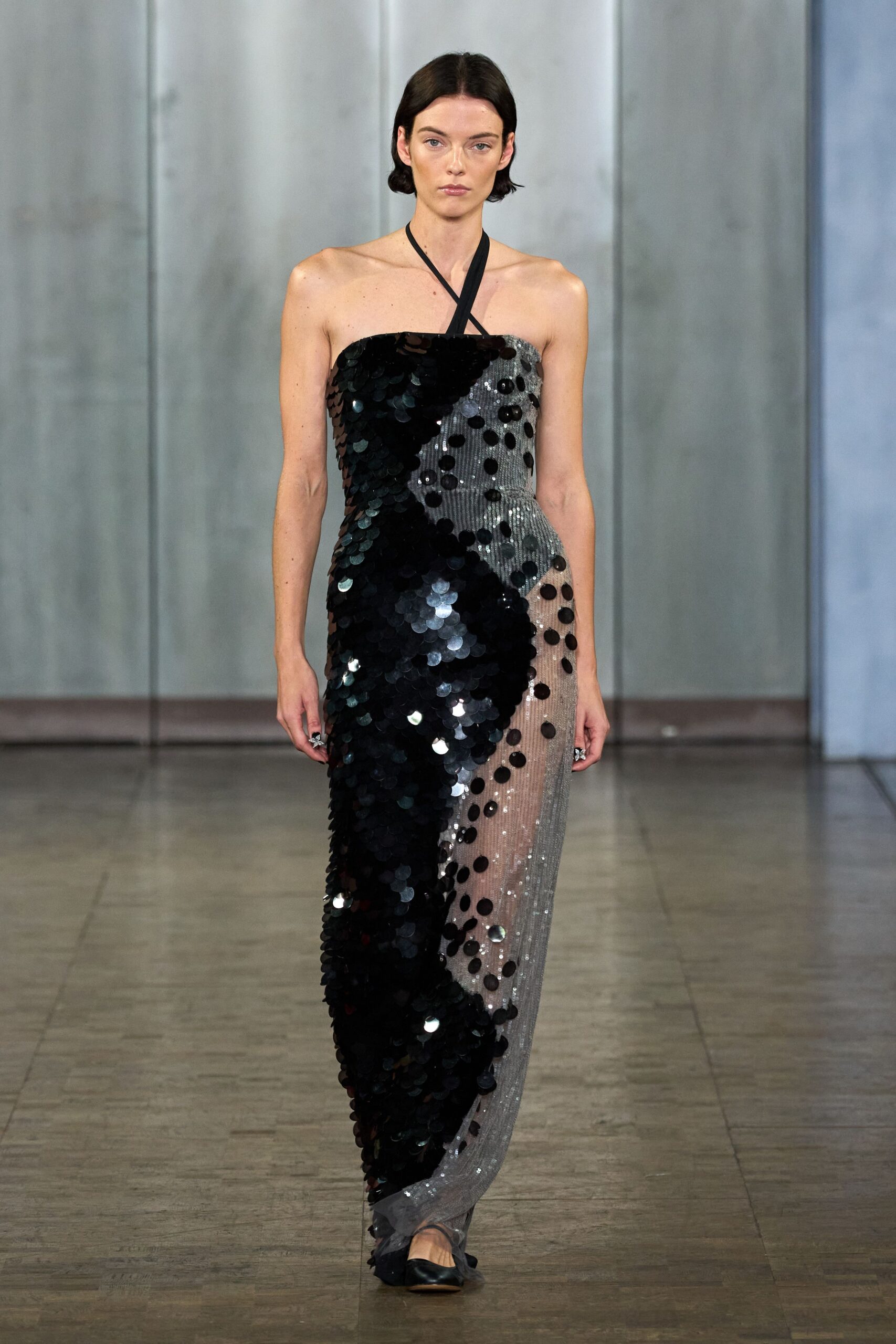 black and silver sequin gown