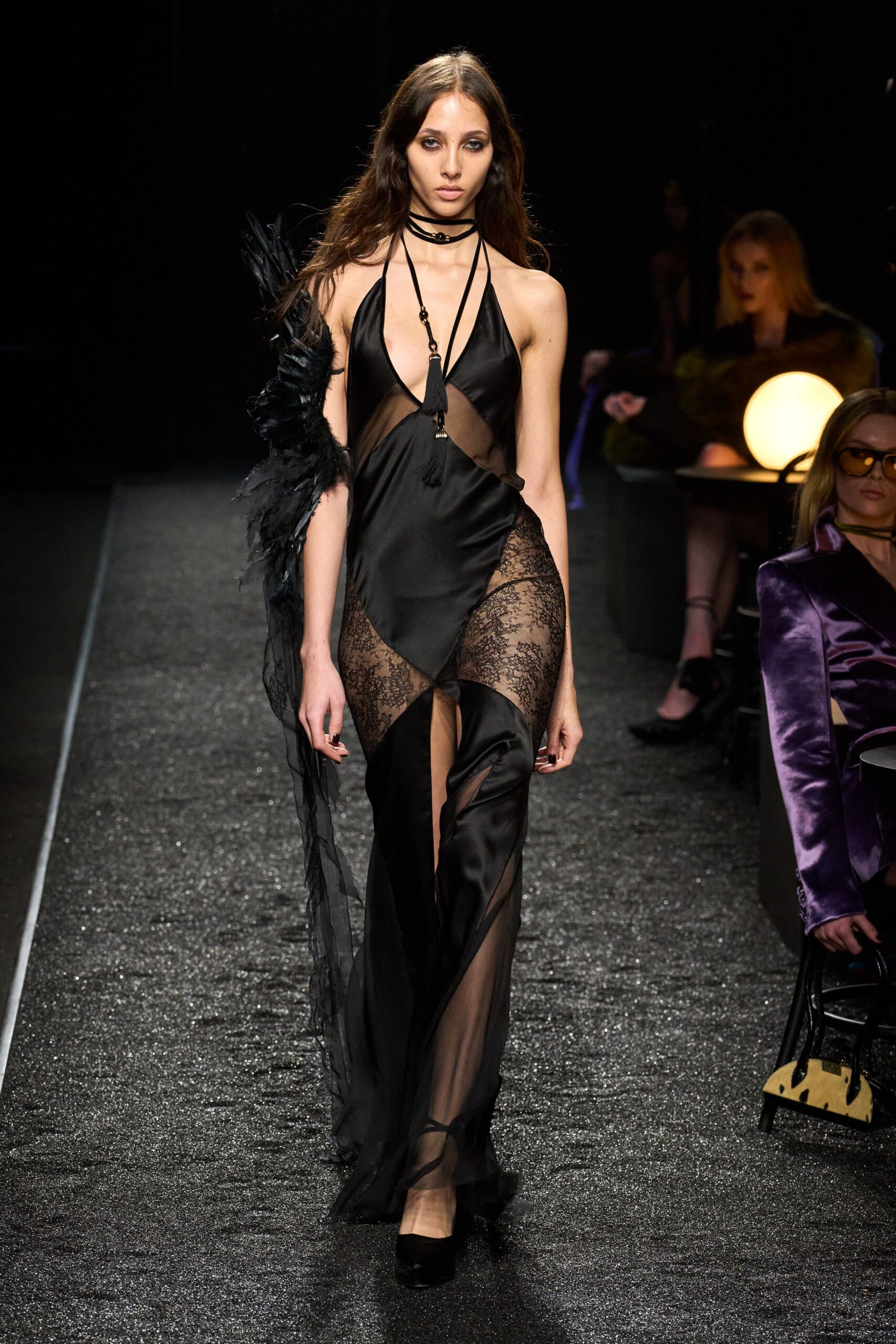 black silk sleeveless v-neck fitted draped gown