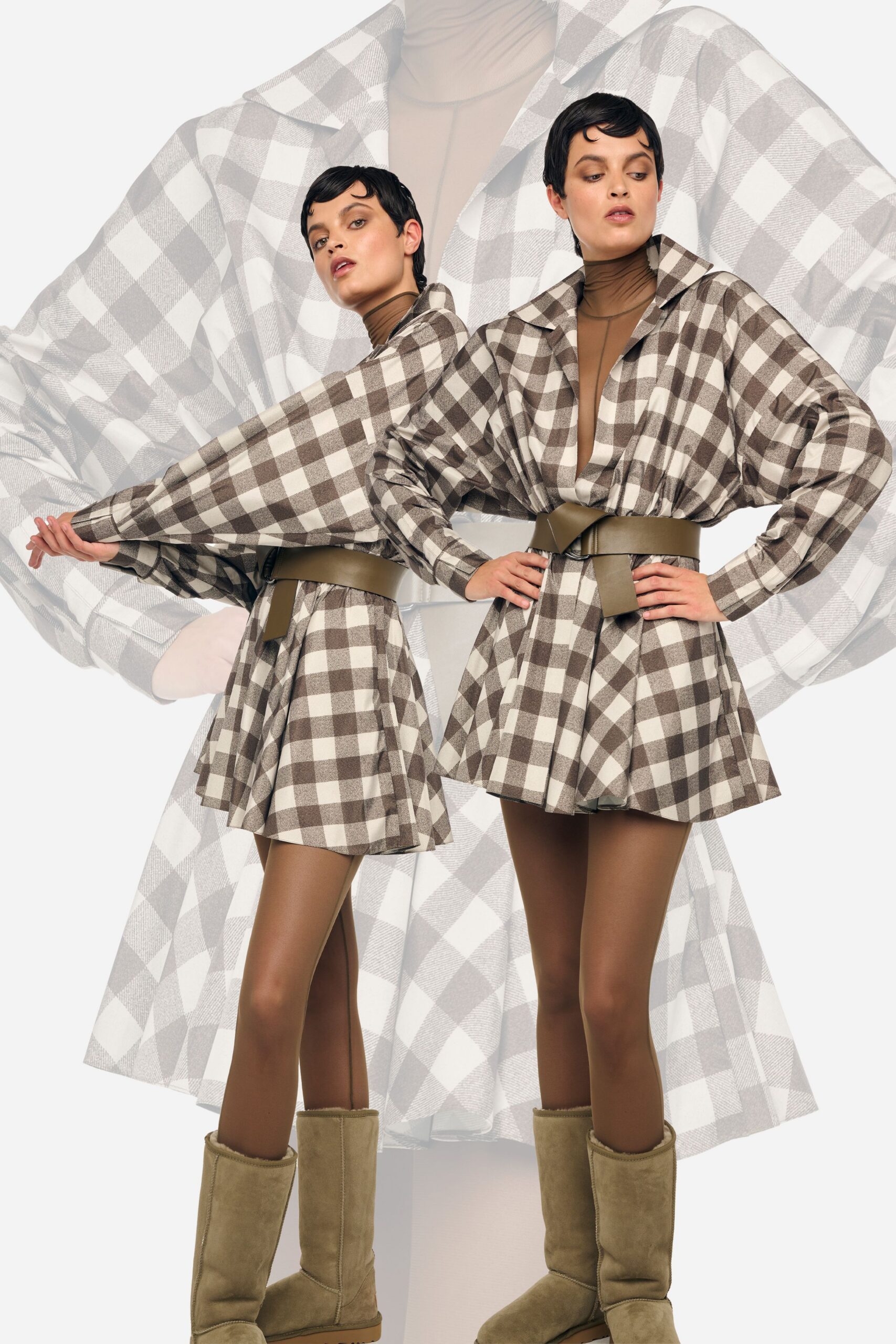 brown cotton long-sleeve collared relaxed checked tiered dress
