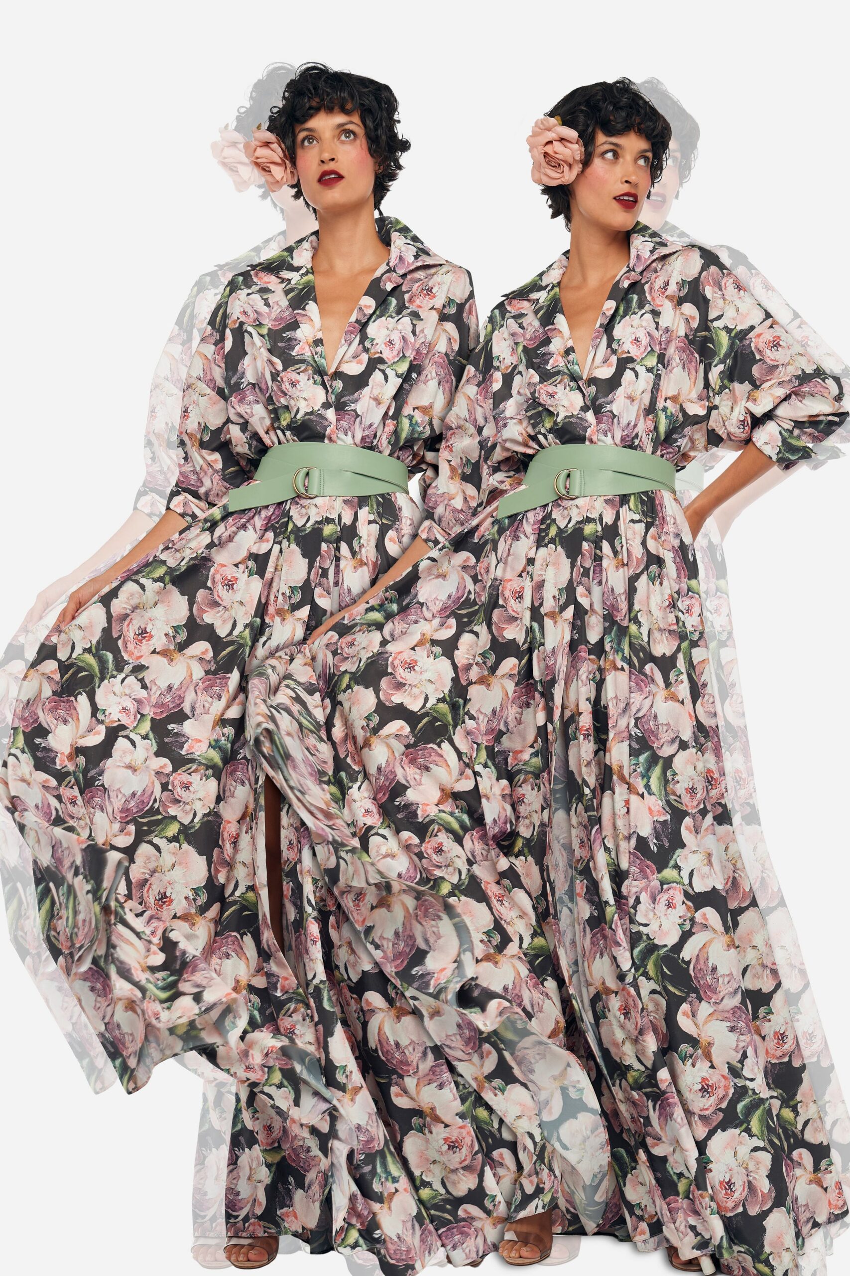 black silk long-sleeve collared relaxed floral tiered gown