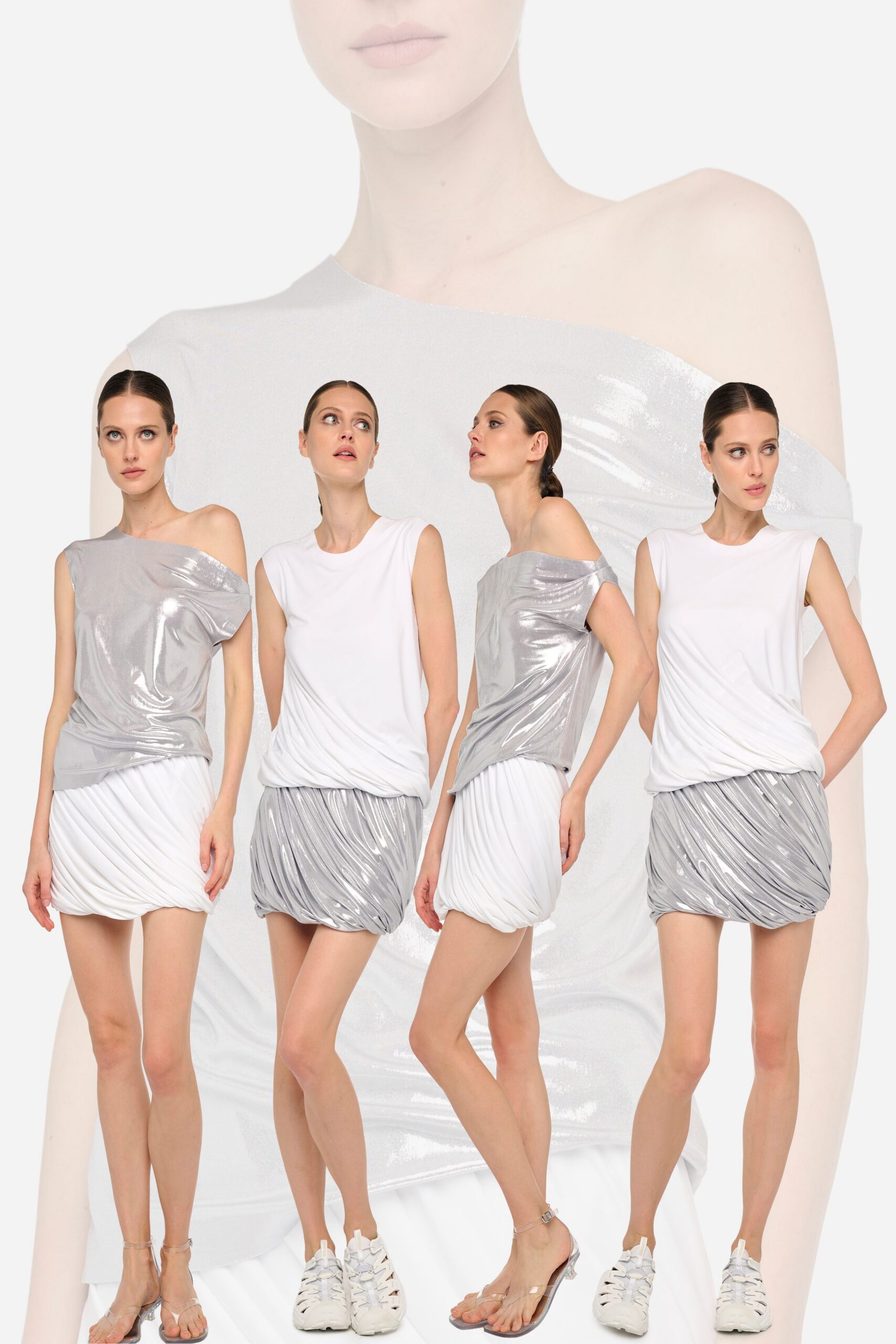white and silver ruched mini dress
