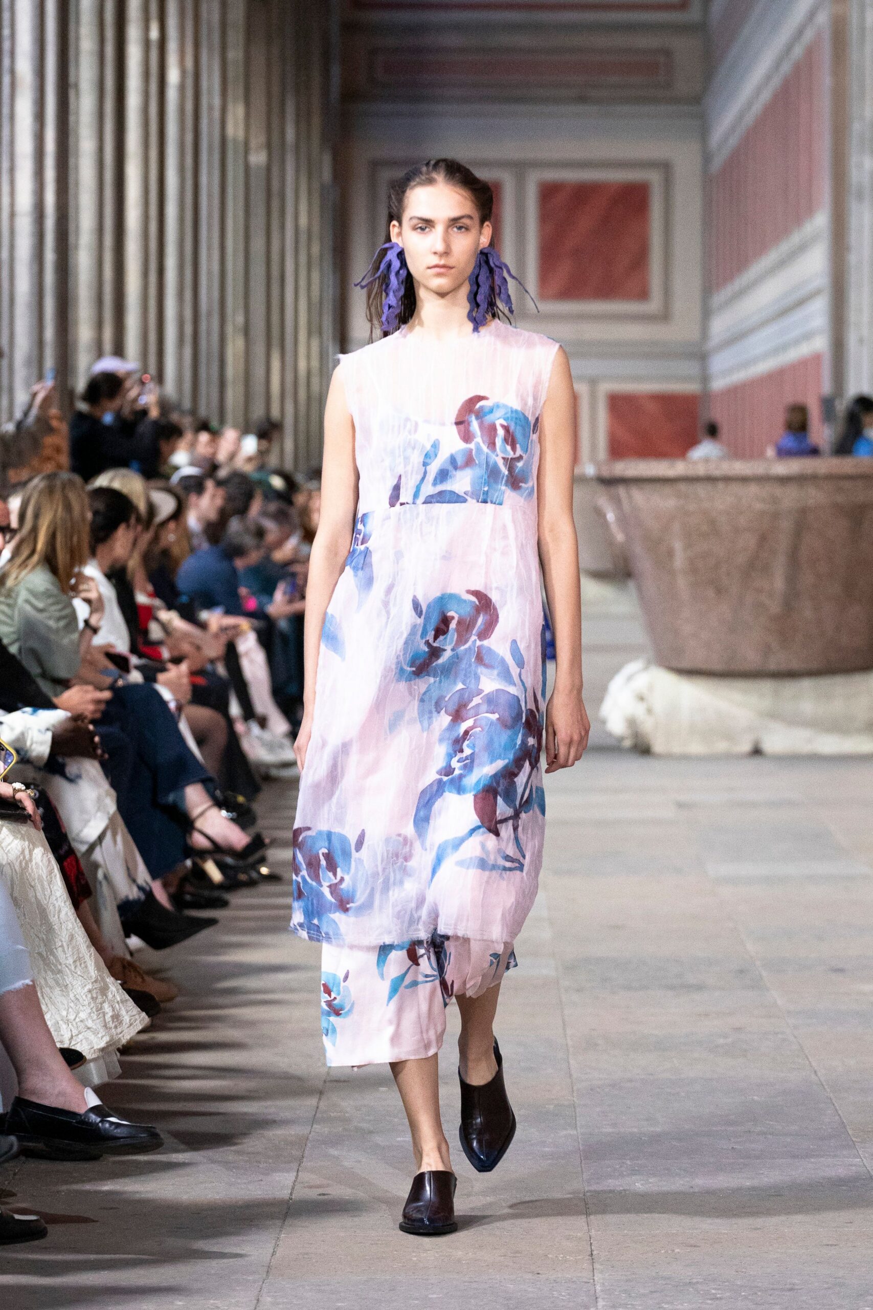 pink silk sleeveless high-neck relaxed floral layered dress