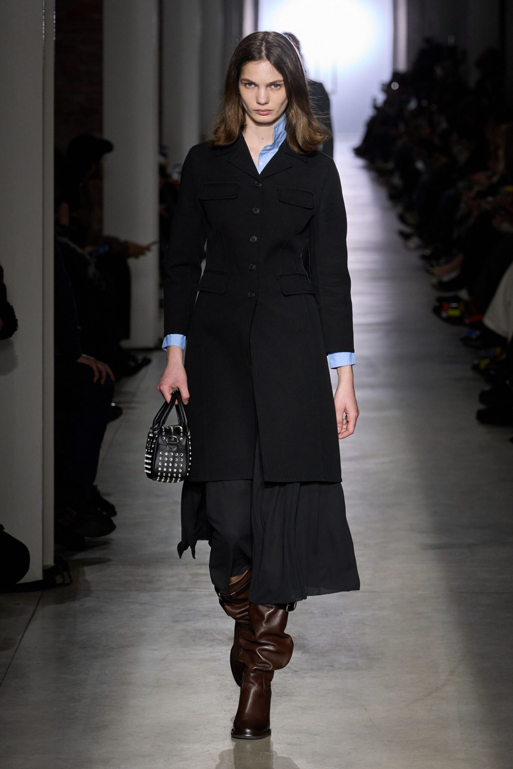 black wool coat with blue shirt