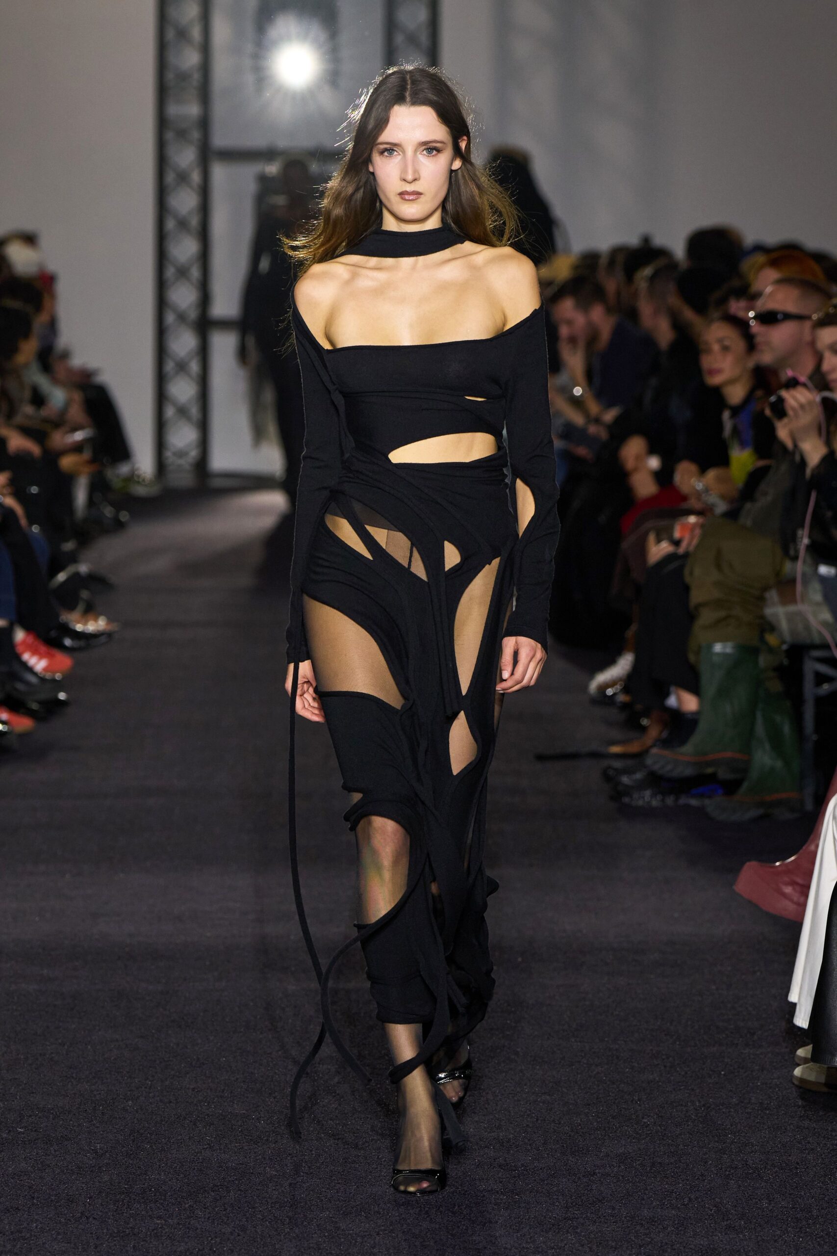 black cotton sleeveless off-shoulder fitted draped dress