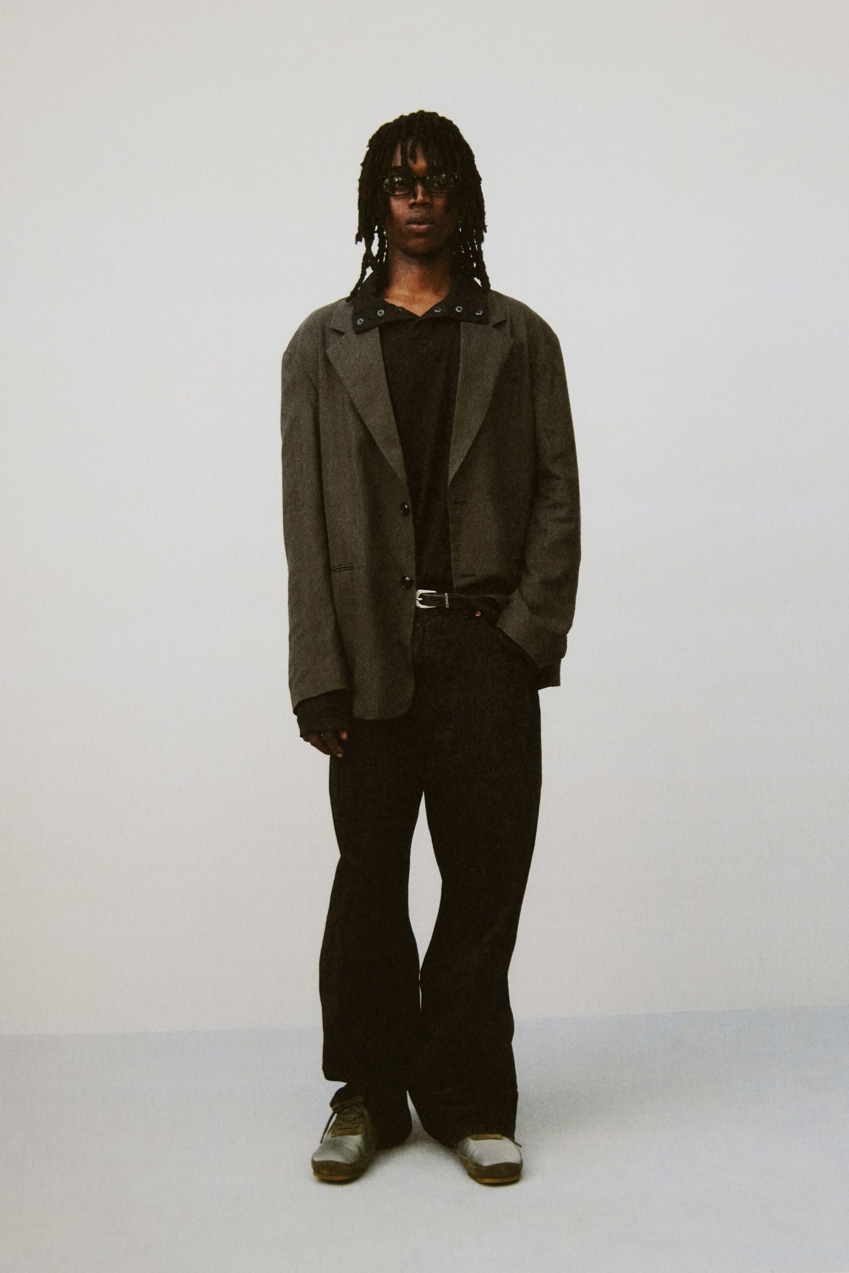 gray relaxed jacket with black t-shirt
