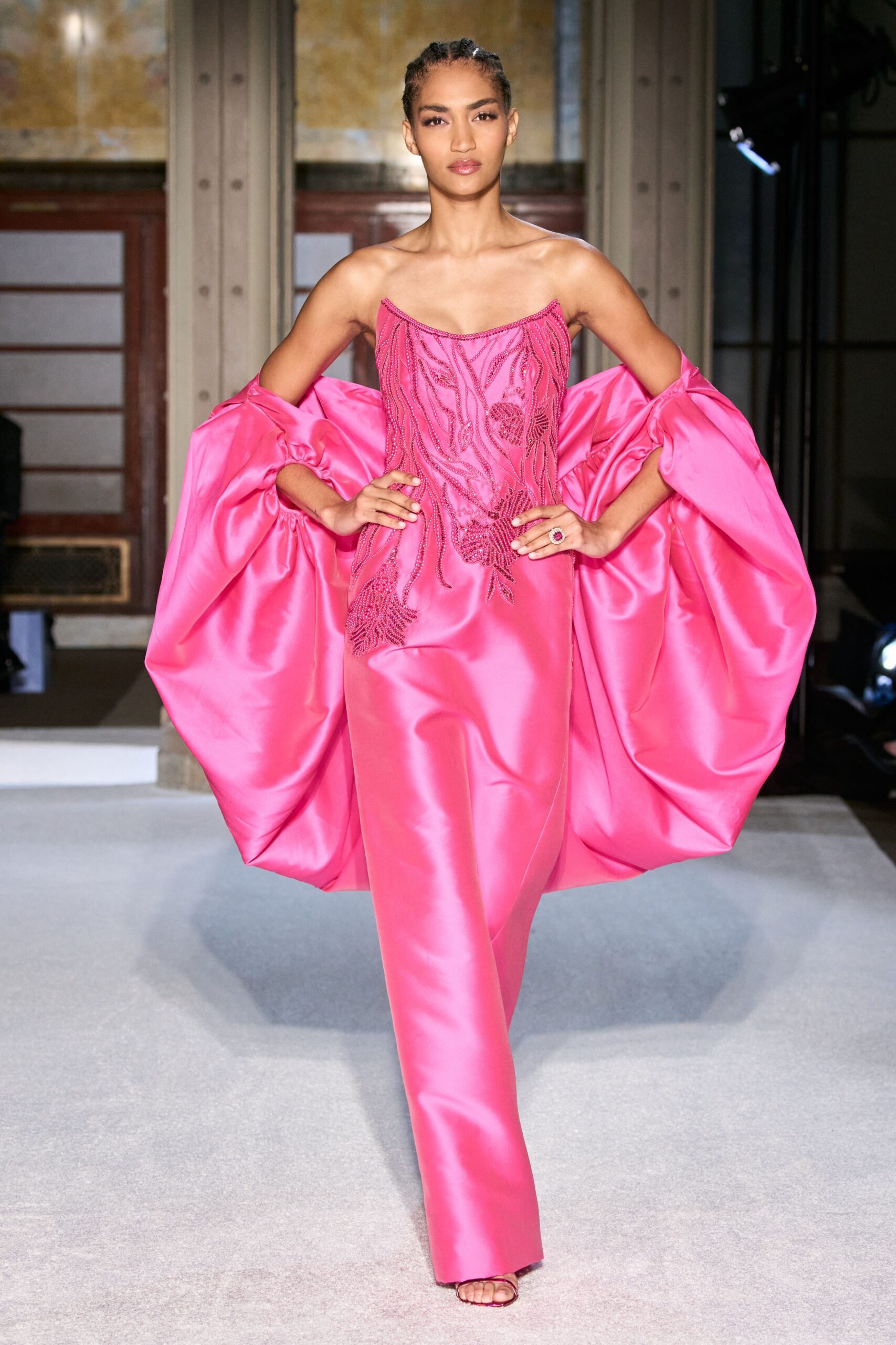 pink satin strapless fitted embroidered shiny maxi gown