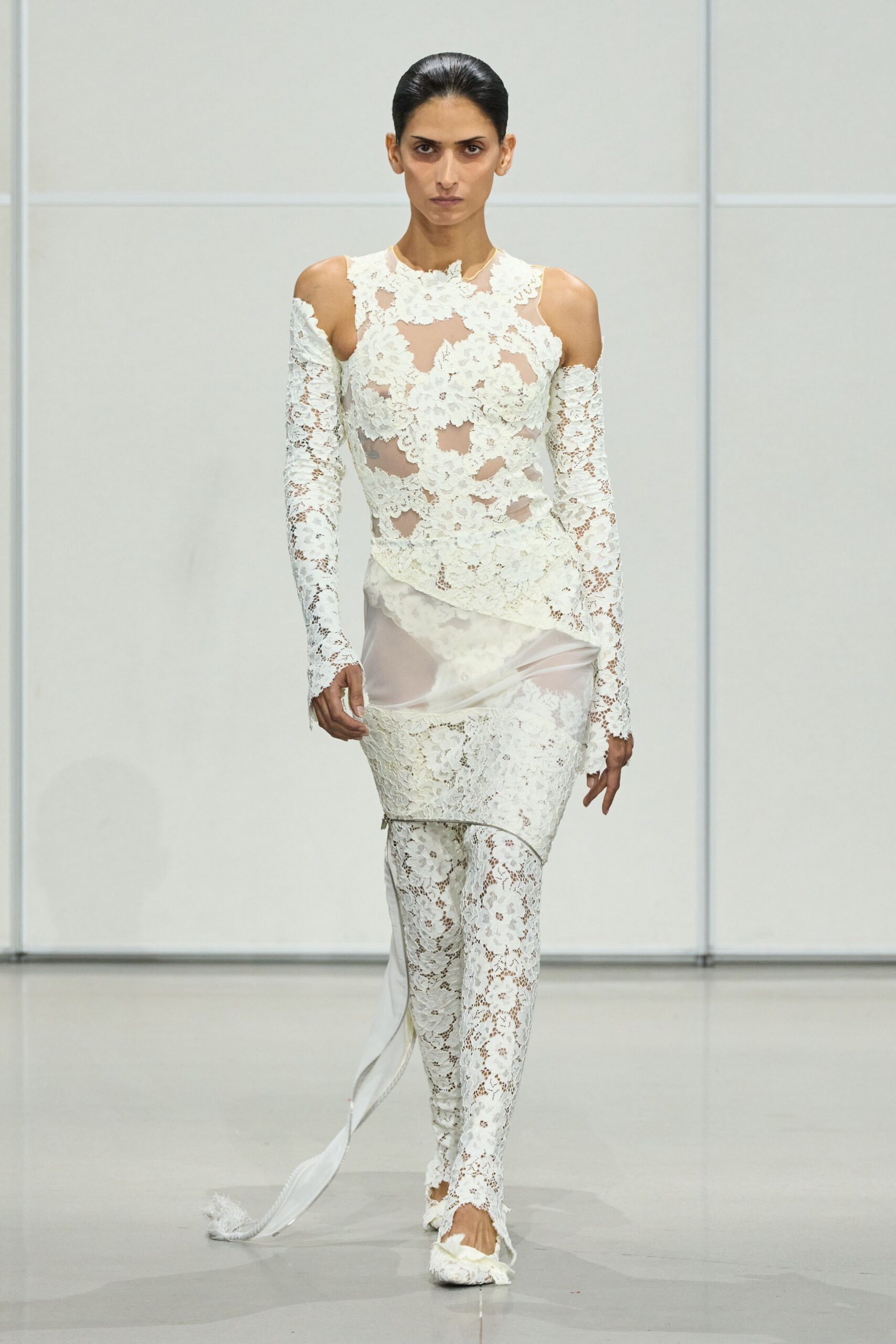 white lace long-sleeve off-shoulder fitted embroidered midi dress
