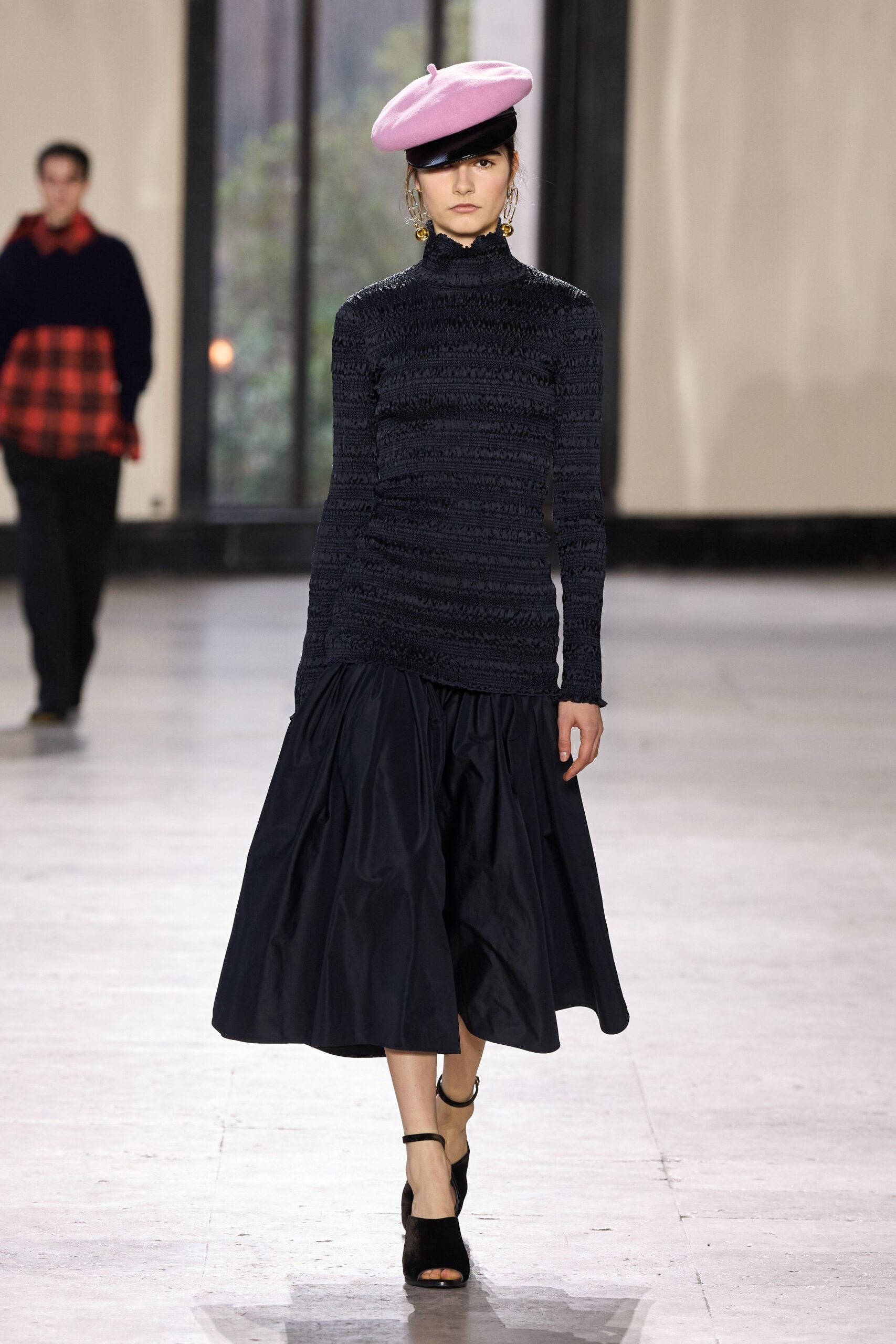 black cotton long-sleeve high-neck fitted textured top