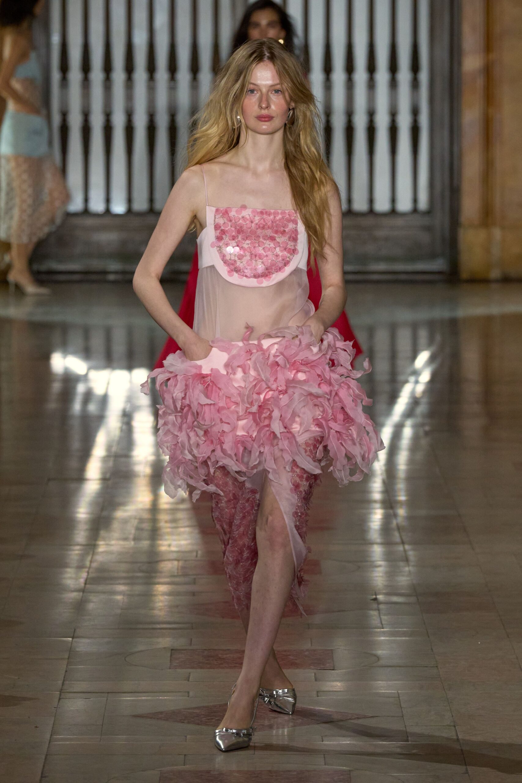 pink silk sleeveless v-neck fitted ruffled layered dress