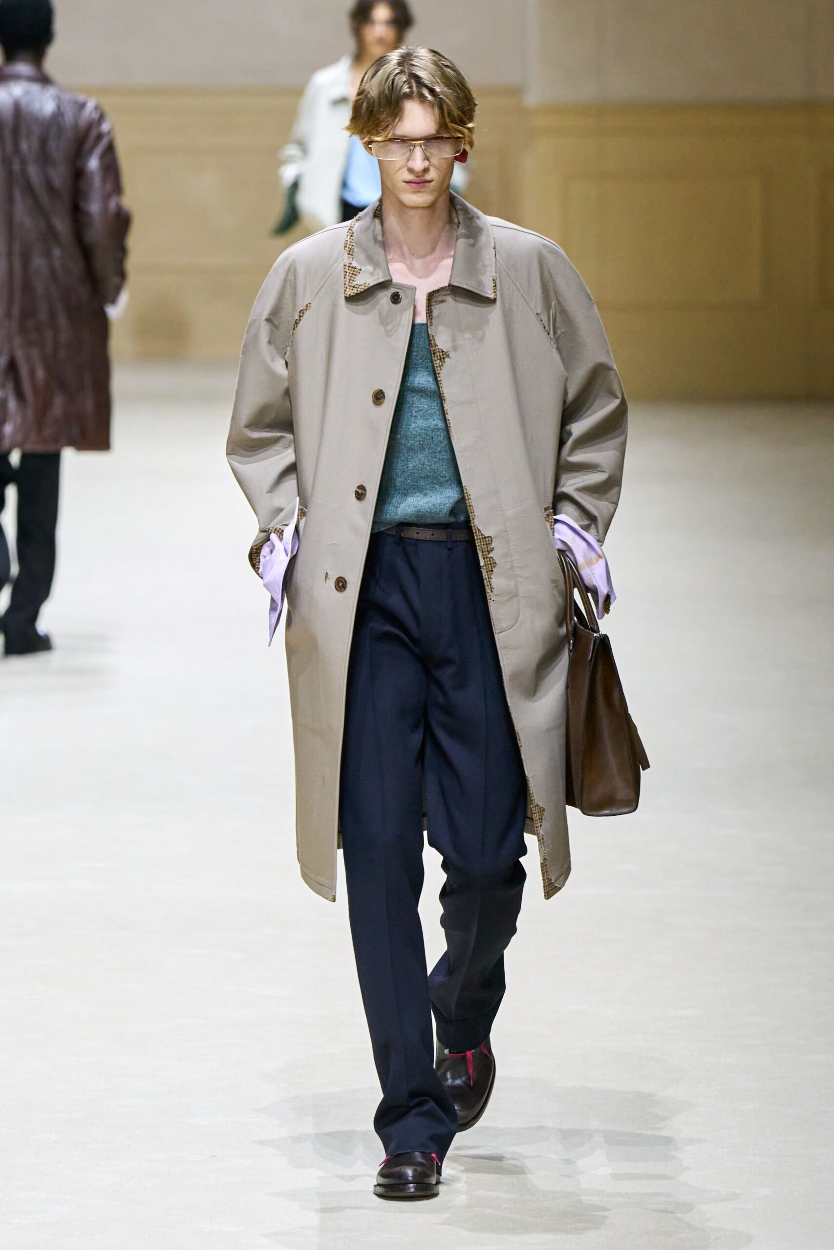 beige oversized coat with blue top