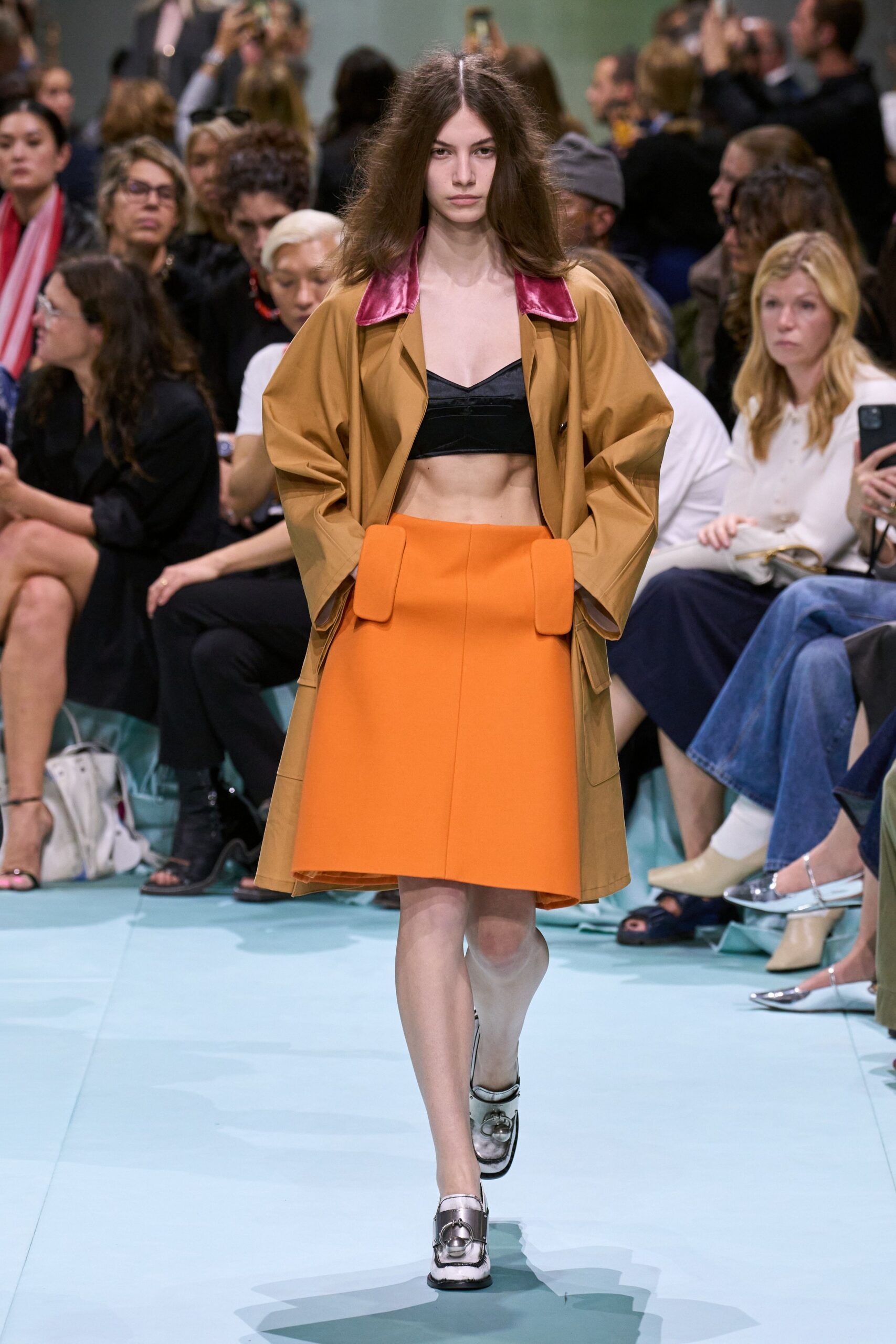 orange cotton fitted pleated skirt
