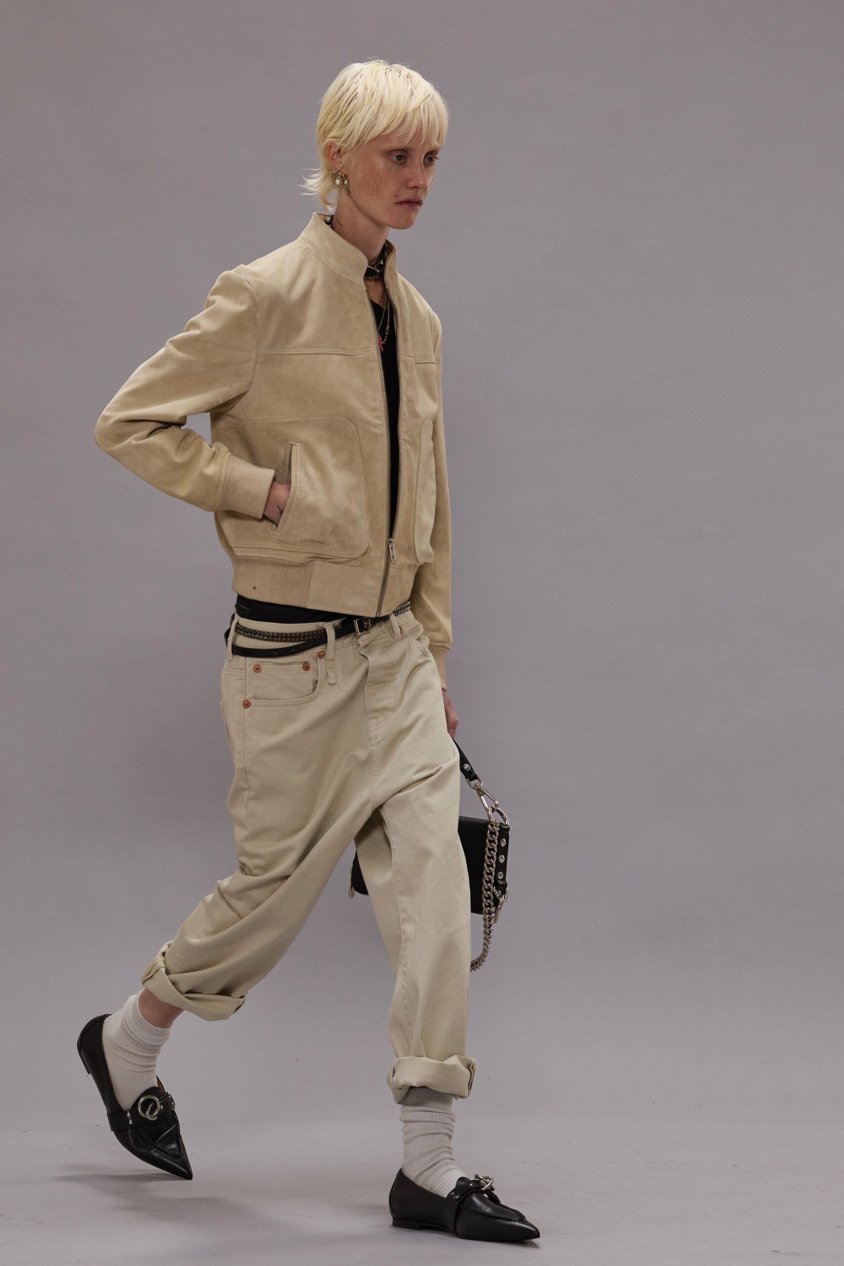 beige suede jacket with relaxed pants