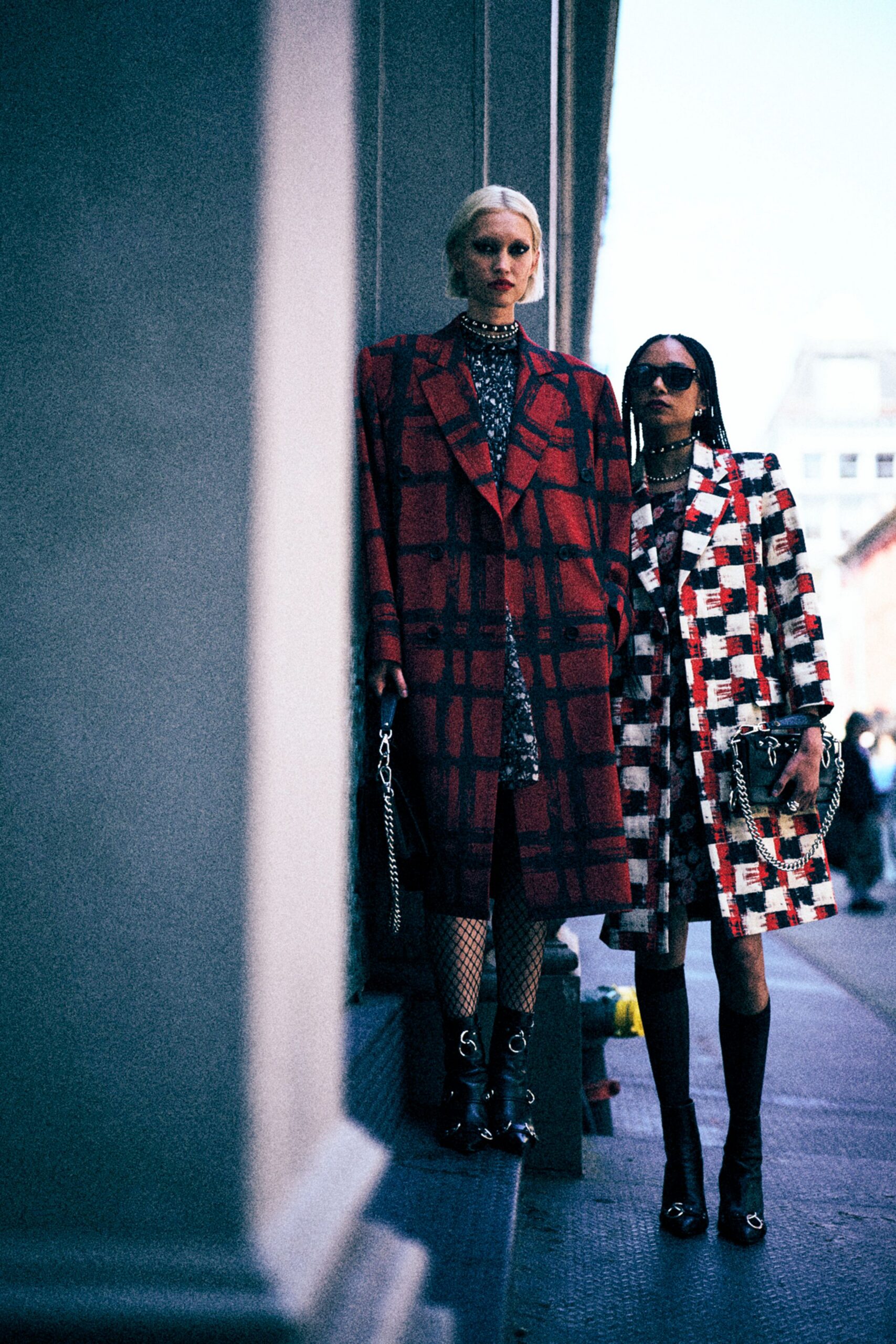 red wool long-sleeve collared oversized checked coat
