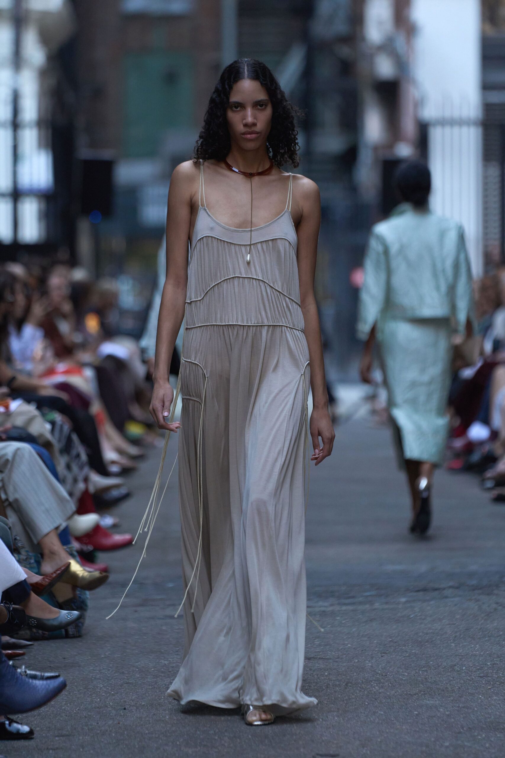 beige silk sleeveless v-neck relaxed draped flowing dress