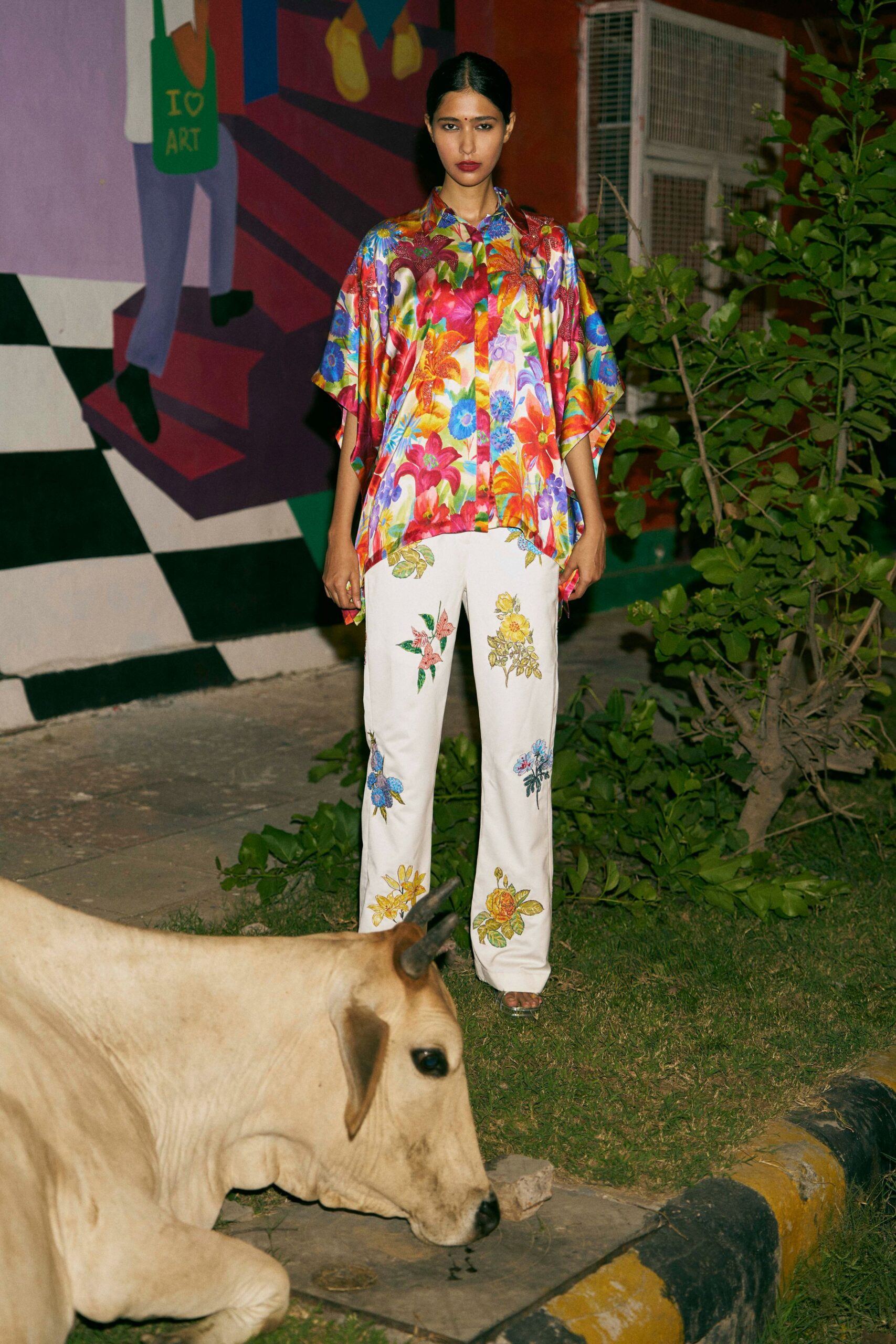 multi silk short-sleeve collared relaxed floral shirt