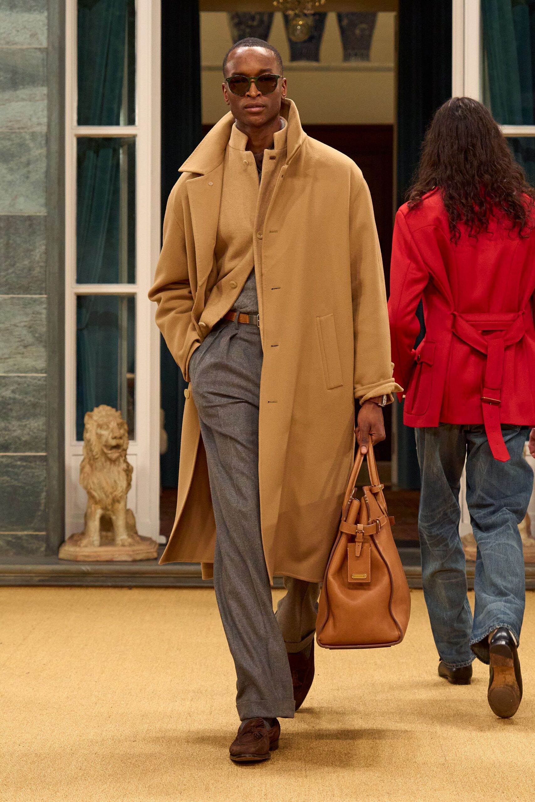 beige wool coat with gray pants