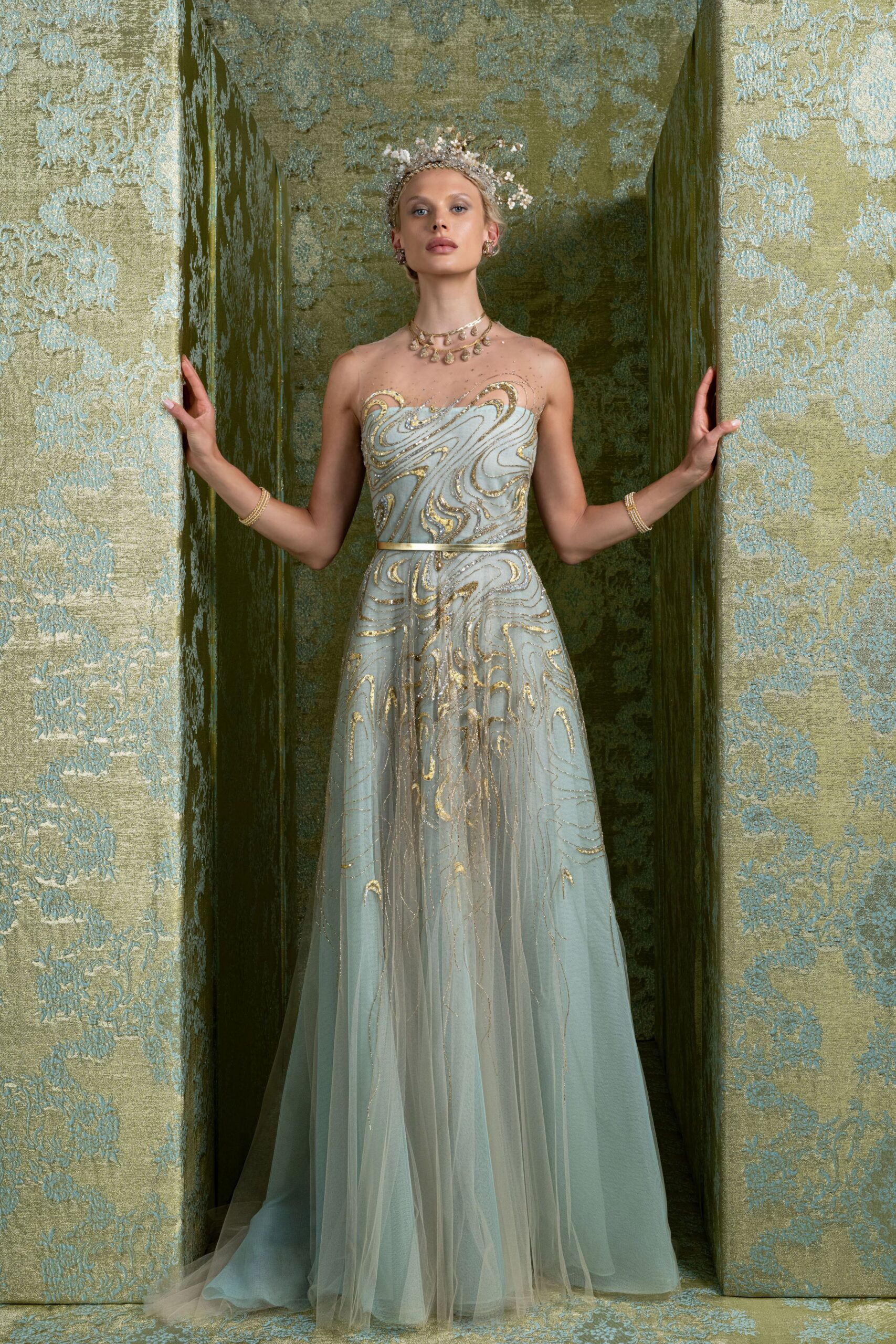 blue embroidered strapless gown