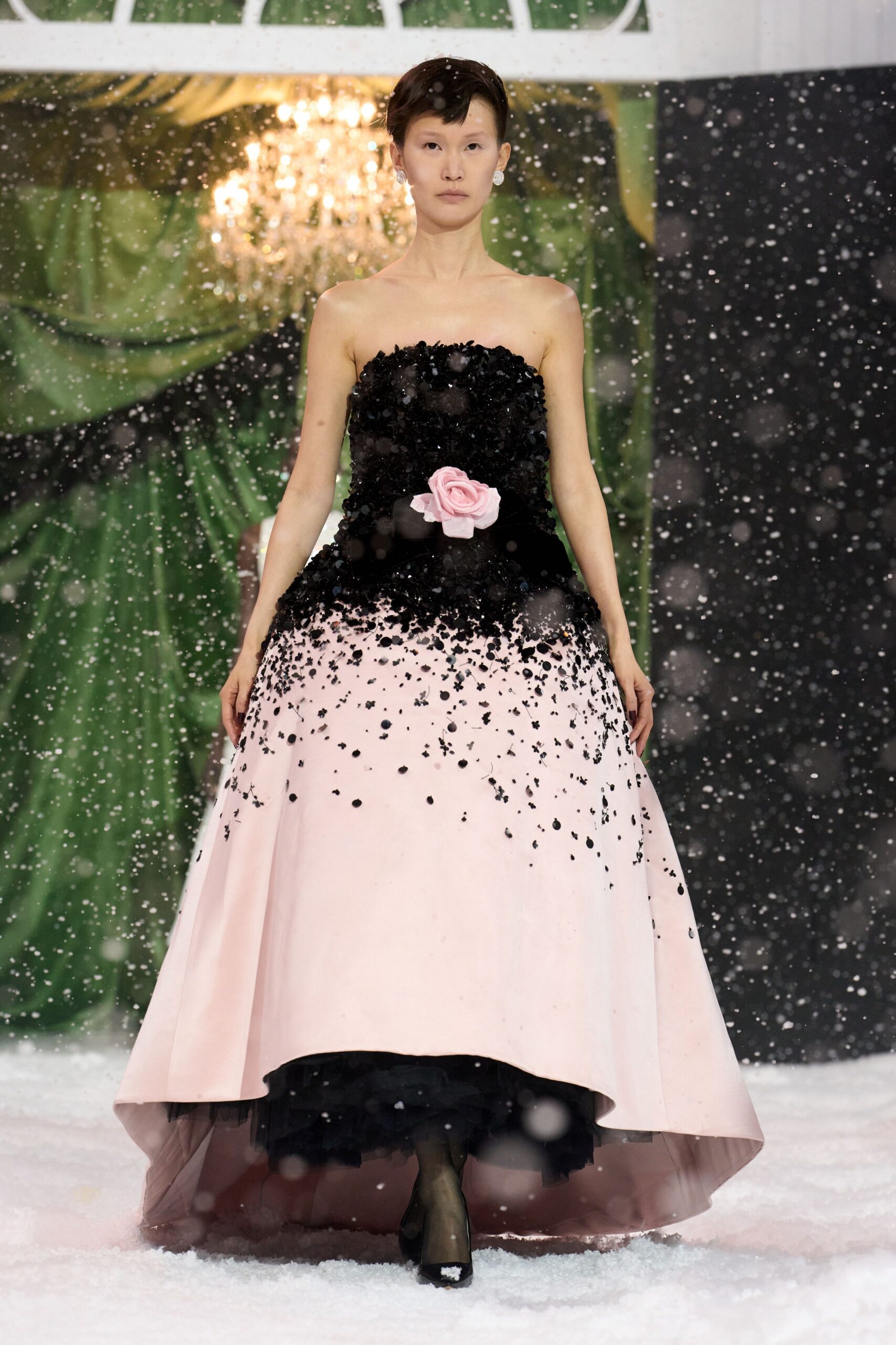black and pink strapless gown
